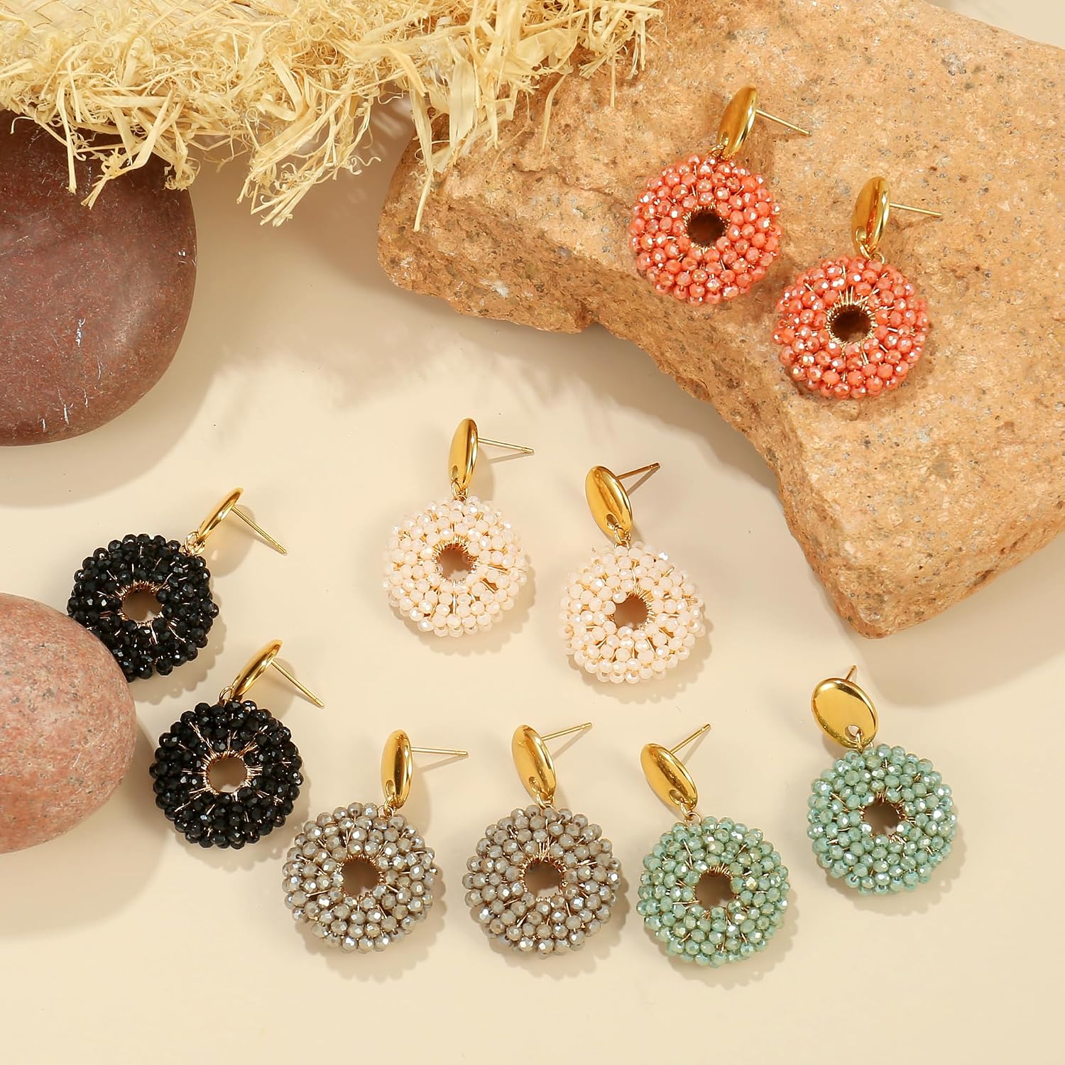 Thumbnail 6 de Boho Kristall Perlen Ohrringe – Leichte runde Statement-Ohrringe in Gold