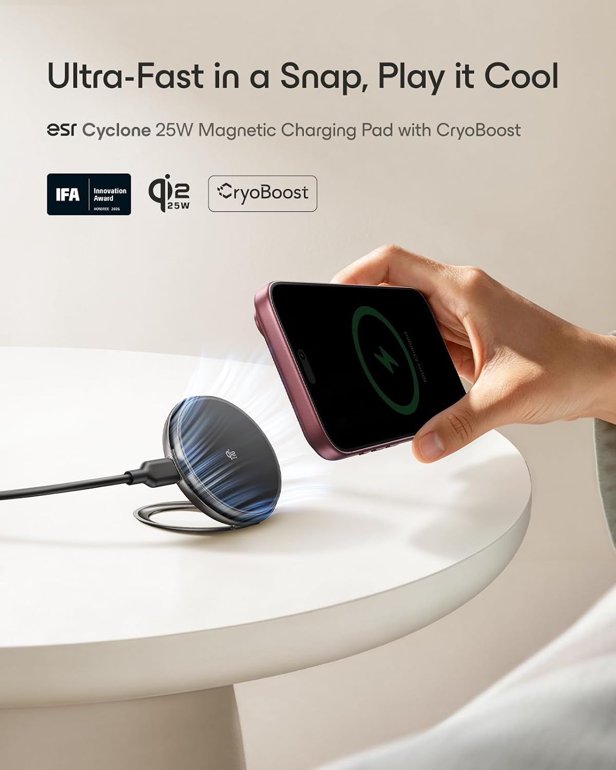 Detalle 2 de ESR Cyclone 2C589 Qi2.2 25W Magnetic Charger with Adjustable Stand