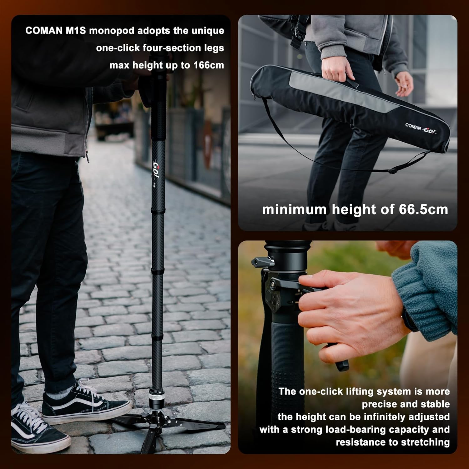 Detalle de COMAN M1S One-Click Lifting Monopod mit Füßen | 65'' Carbonfaser, 360° Ball Bowl Head, Arca Quick Release