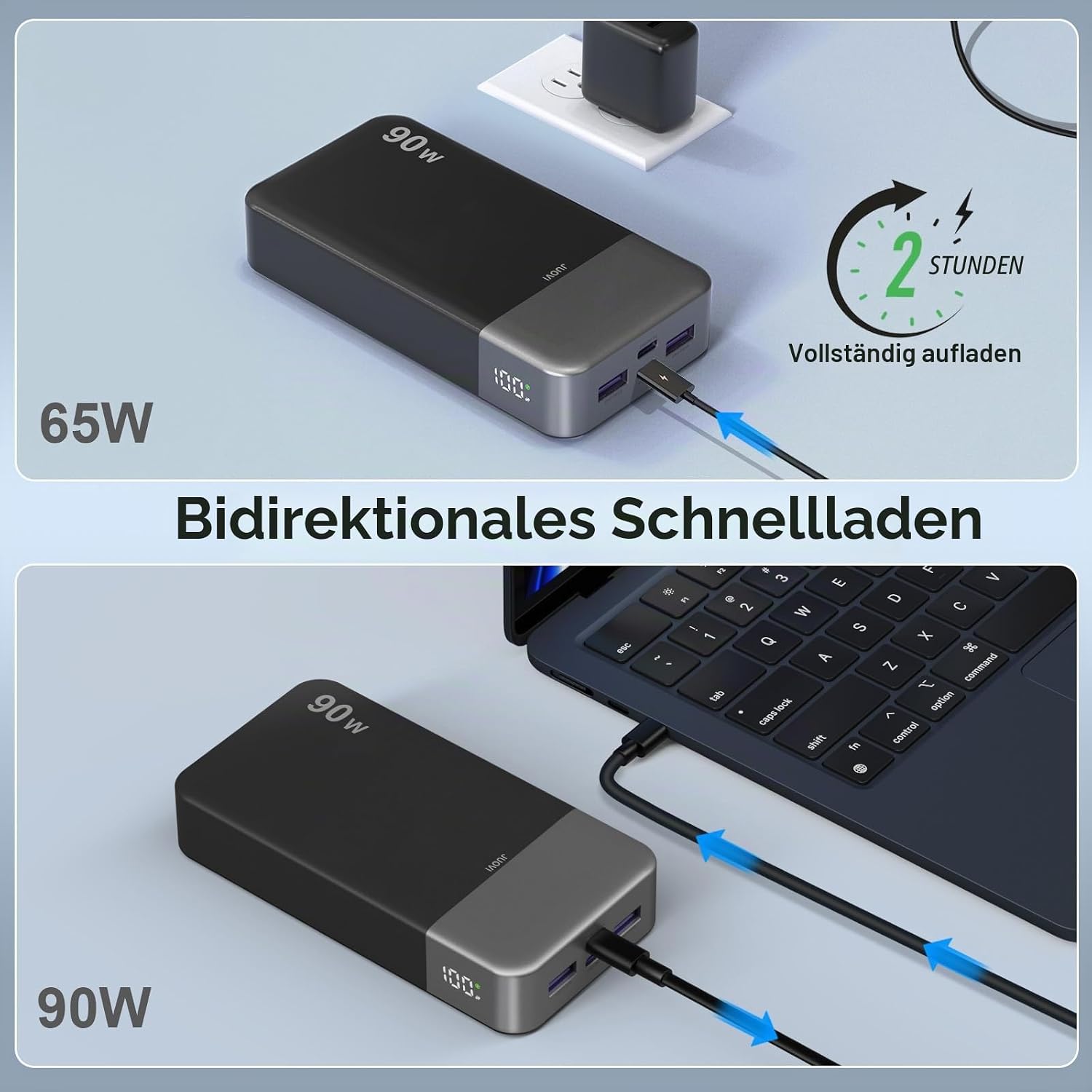 Thumbnail 5 de JUOVI Power Bank 90W Laptop Powerbank, 20000mAh – 2x USB-C, 2x USB-A, Schwarz