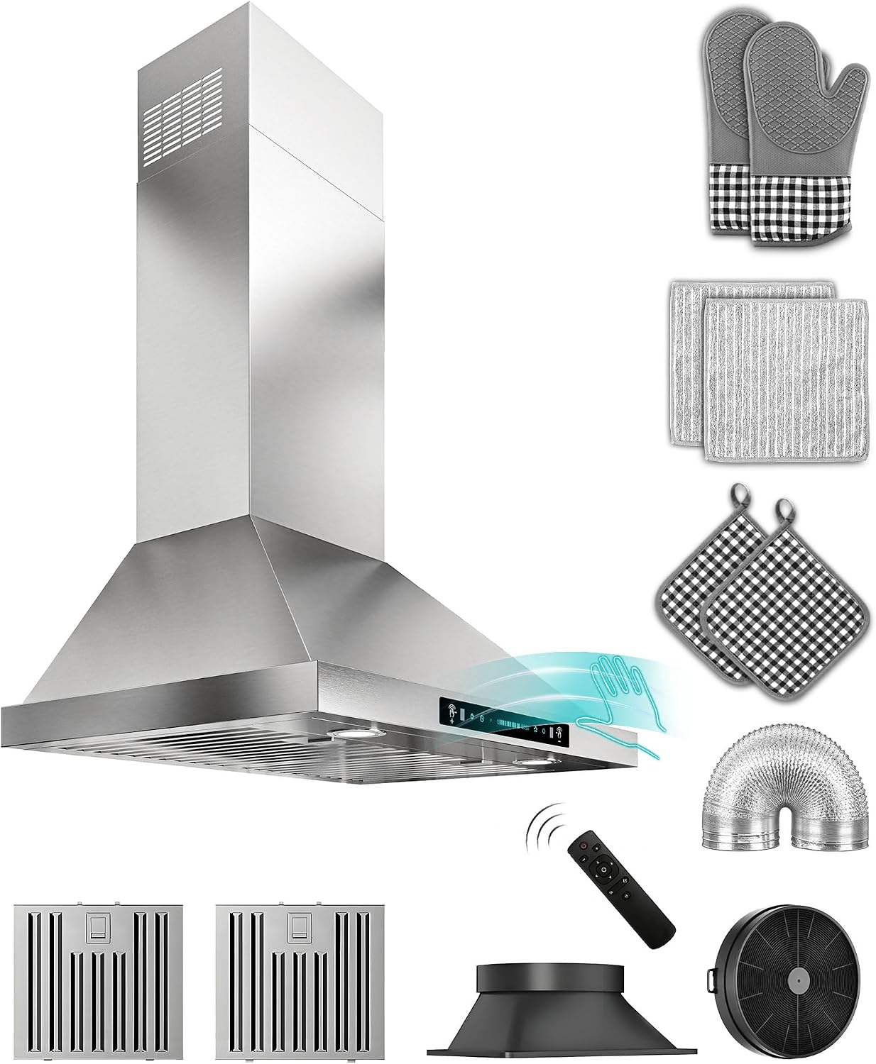 Detalle de FlyPine FKP 30-Inch Wall-Mounted Range Hood, 900 CFM, Stainless Steel