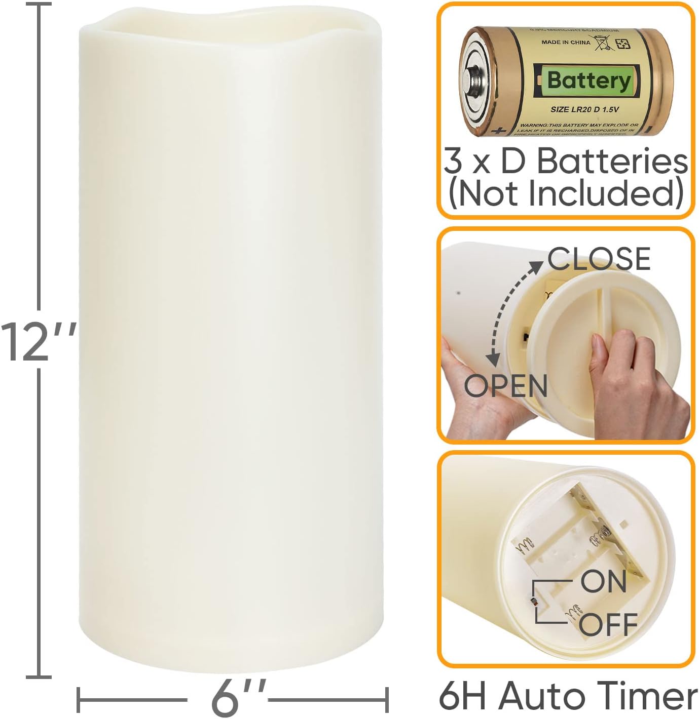 Thumbnail 1 de Homemory Große Outdoor-Flammenlose Kerze 15,2 × 30,5 cm – wasserdicht, Timer 6 h, batteriebetrieben