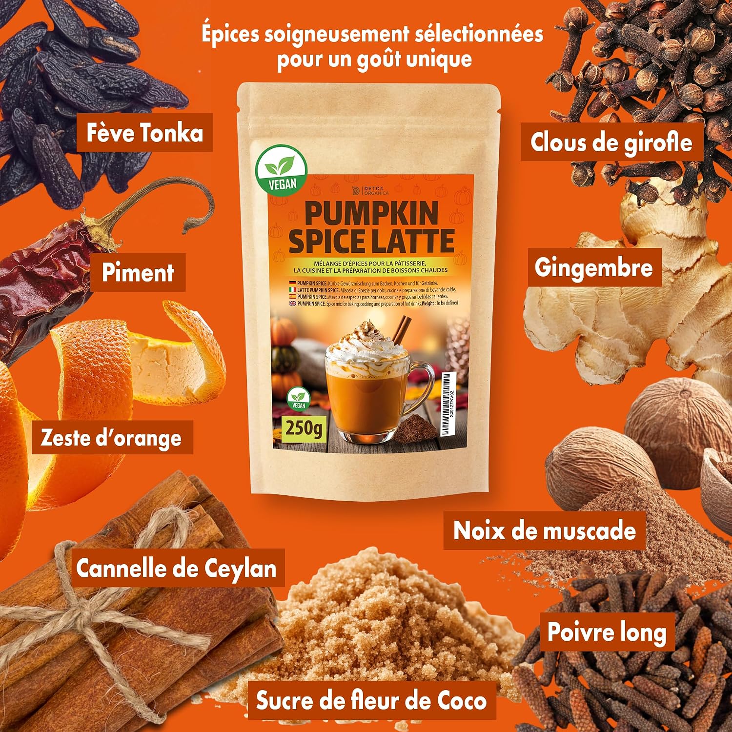 Detalle 2 de DETOX ORGANICA Pumpkin Spice Latte – Épices en poudre 250 g, mélange authentique pour latte et desserts automne
