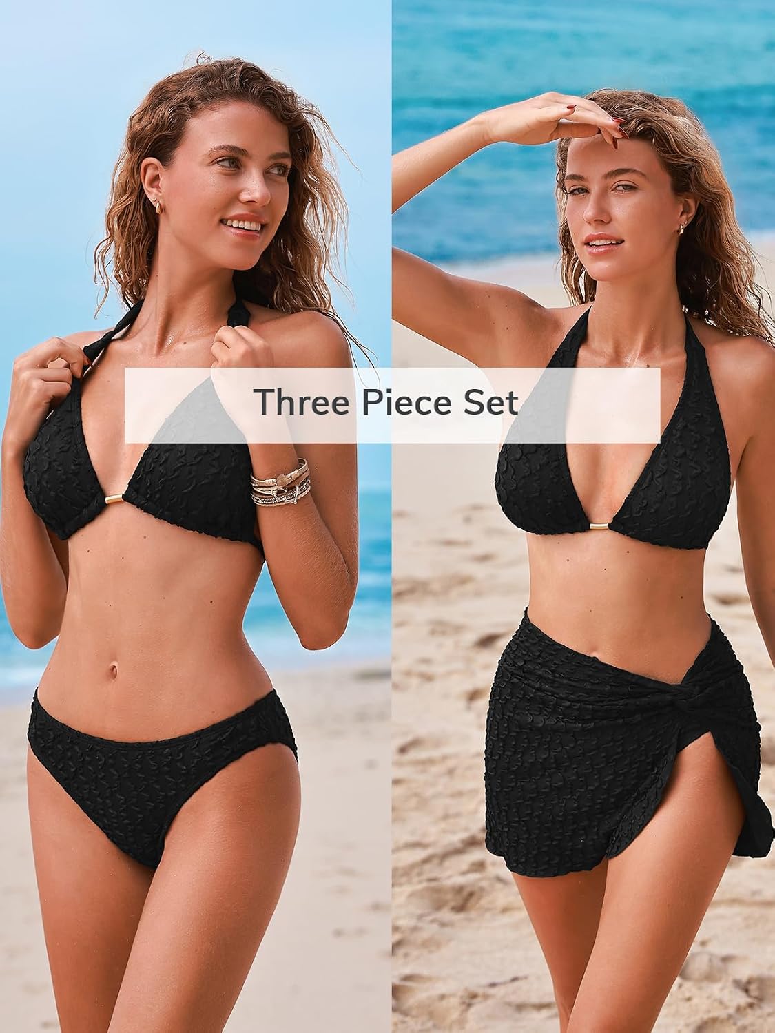 Detalle 2 de CUPSHE Damen Bikini Set V-Ausschnitt Dreiteiliges Bademode-Set mit Halter, Twist-Sarong und niedrigem Bund