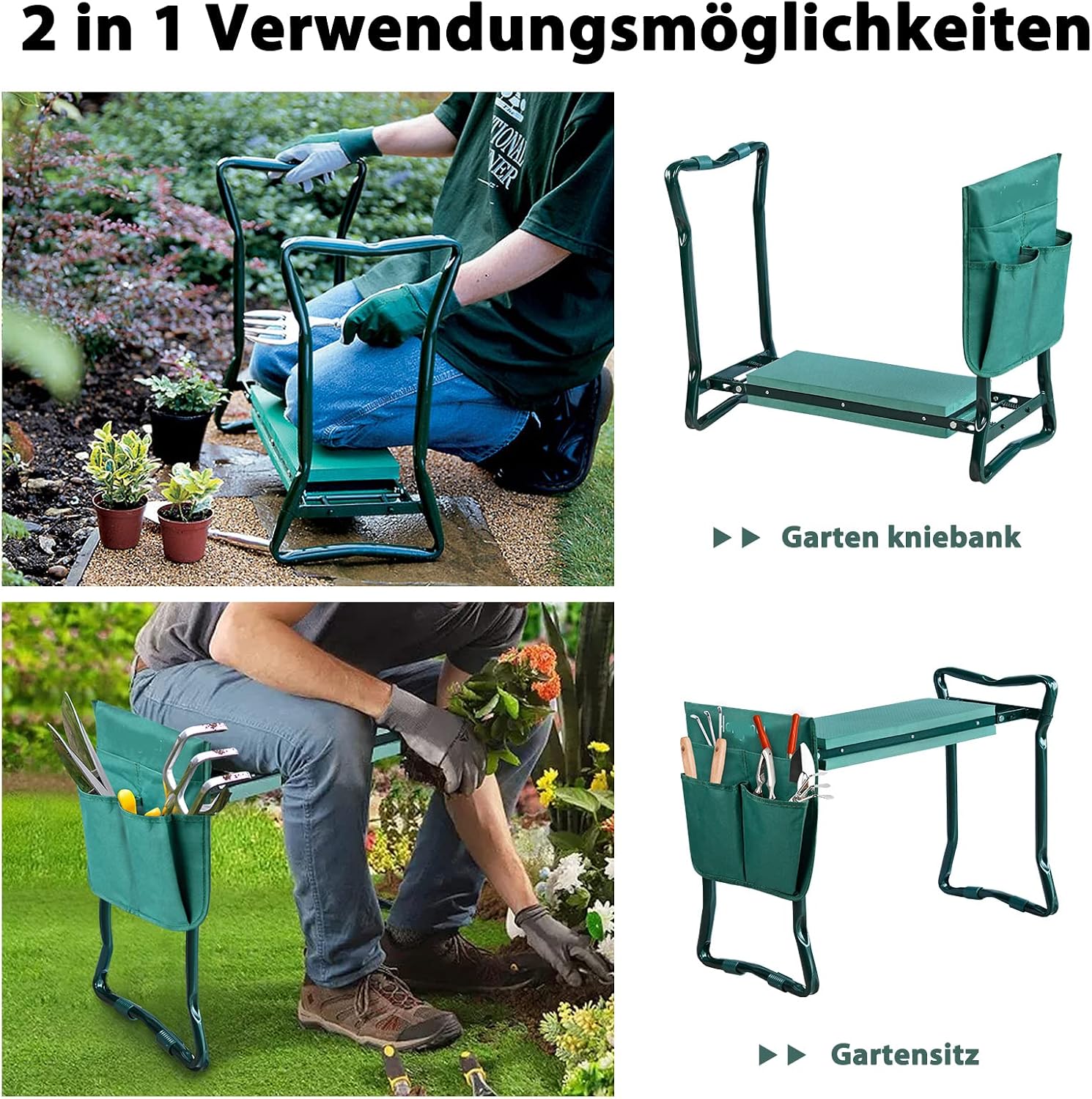 Detalle 1 de LZQ Foldable Garden Kneeler and Seat, 150 kg, EVA Cushion and Tool Bag