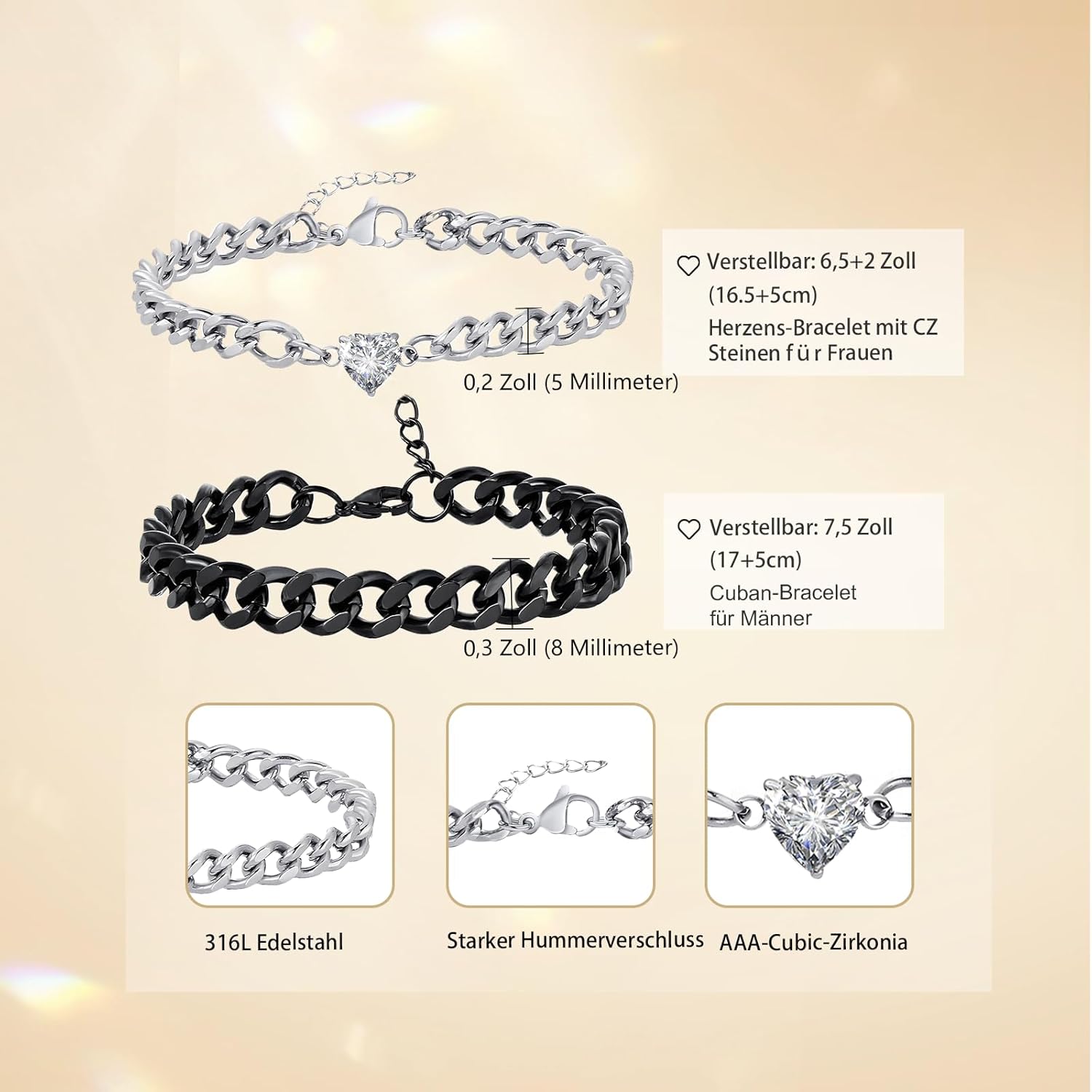 Thumbnail 5 de Fehki Partnerarmbänder aus 316L-Edelstahl (Kub anische Kette) – verstellbar, für Paare