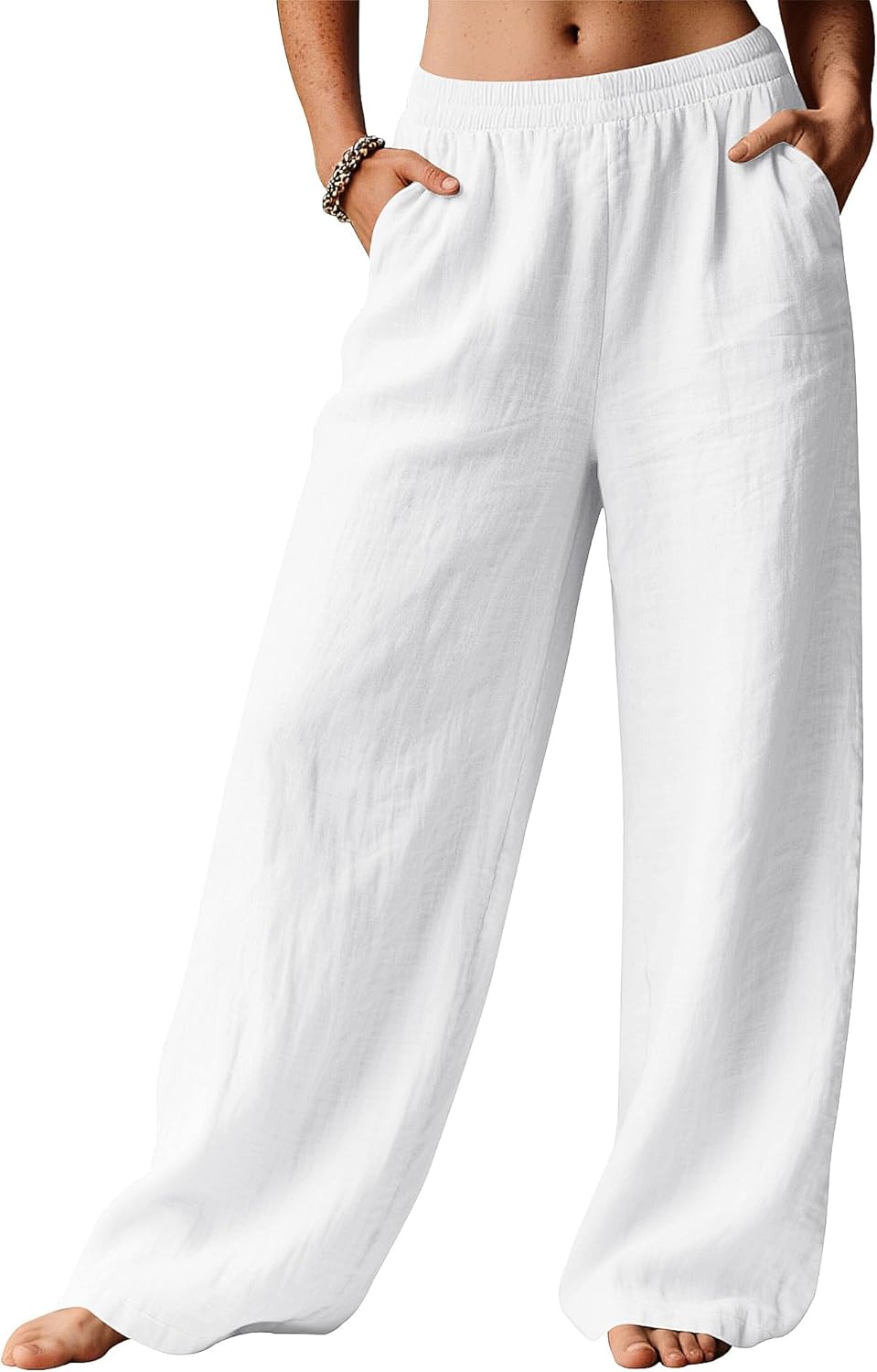Detalle de Rapbin Linen Trousers for Women – Wide-Leg Summer Palazzo Pants with Elasticated Waist and Pockets