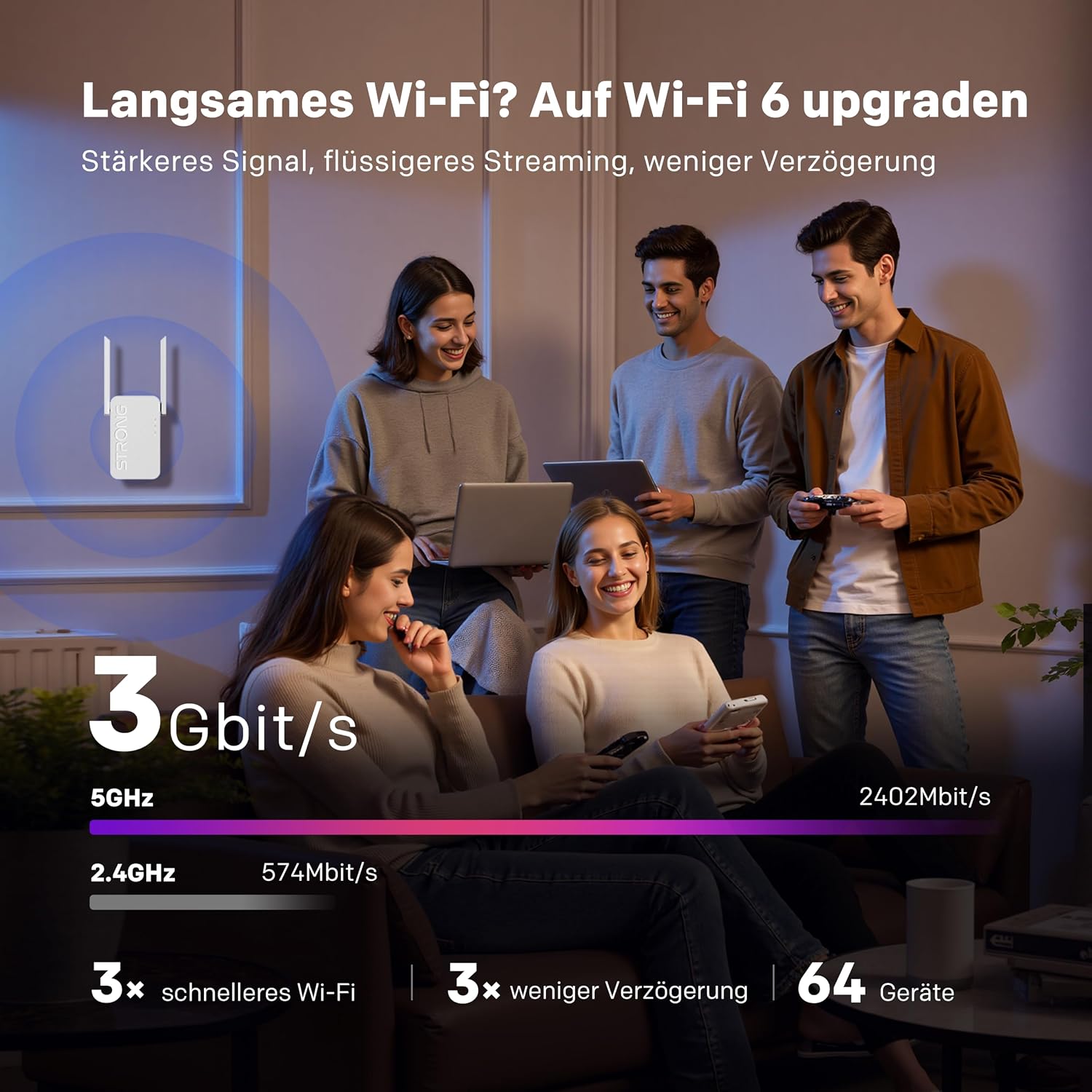 Detalle de STRONG AX3000 WLAN-Verstärker für Steckdose – Wi-Fi 6, Dualband Repeater & Access Point mit 2 externen Antennen