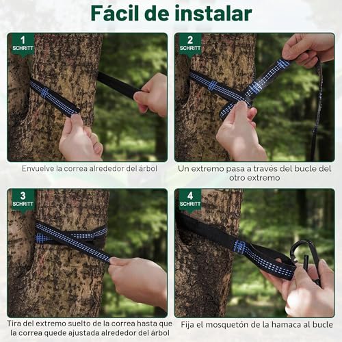 Detalle de Zouway Hamaca de camping al aire libre con correas de árbol y funda integrada (verde oscuro) — soporta hasta 200 kg