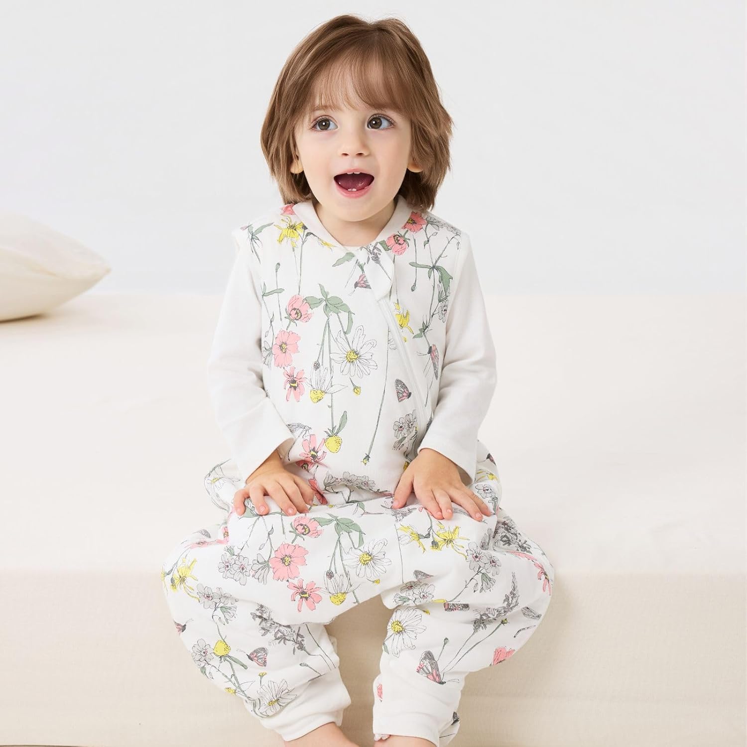 Detalle de Duomiaomiao Schlafsack mit Füßen – Ganzjahres-Baumwoll-Schlafsack für Babys (1,5 Tog) in Blumen-Design, 65–95 cm