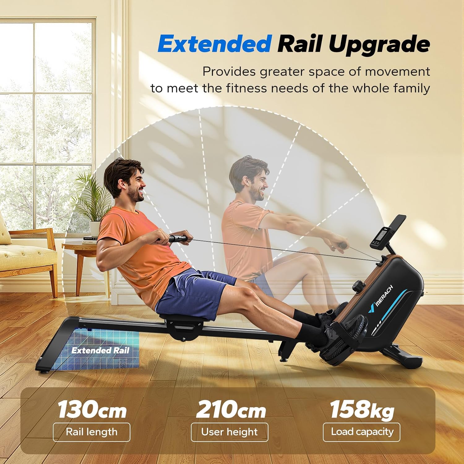 Thumbnail 1 de MERACH Magnetic Rower with 130 cm extended rail and app-based training