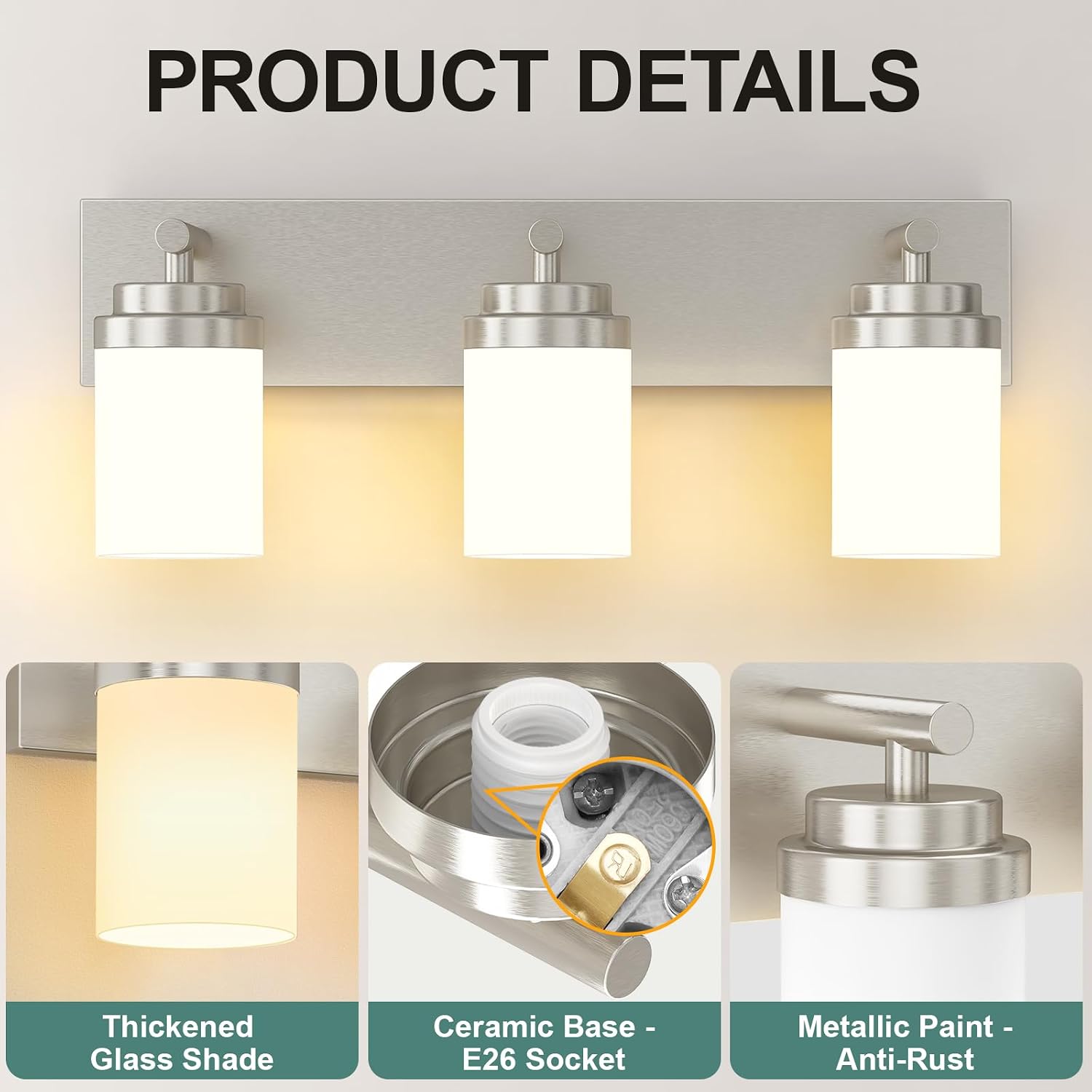 Detalle de IZORRO HL101-3T-Ni-WT Bathroom Vanity Light, 3-Light Brushed Nickel