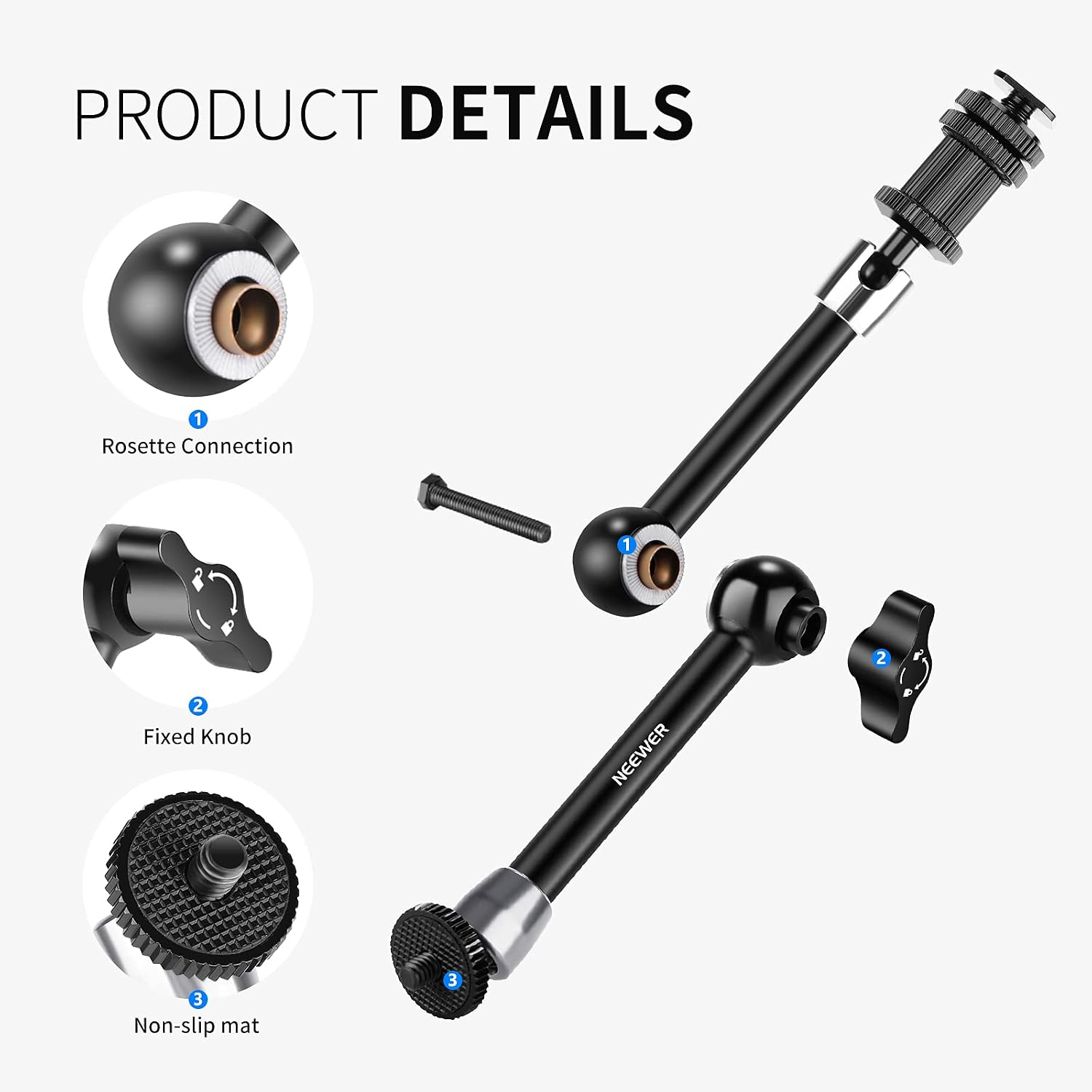 Detalle de NEEWER ST20 Super-Klemme mit 27,9 cm Reibungskraft-Gelenkarm für SmallRig-Käfige, für Monitor/LED/Webcam – max. 2 kg