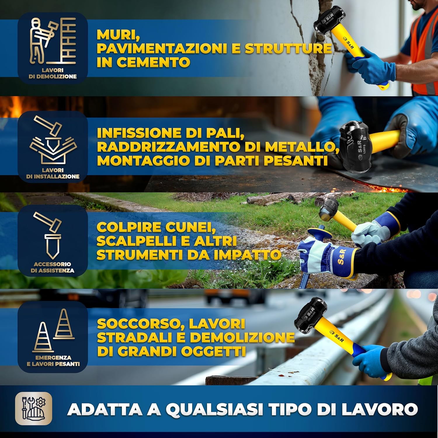 Thumbnail 6 de S&R Mazzetta da Muratore 1360 g – Martello Demolitore a Croce in Acciaio temprato 38–48 HRC, Impugnatura Ergonomica in Fibra di Vetro