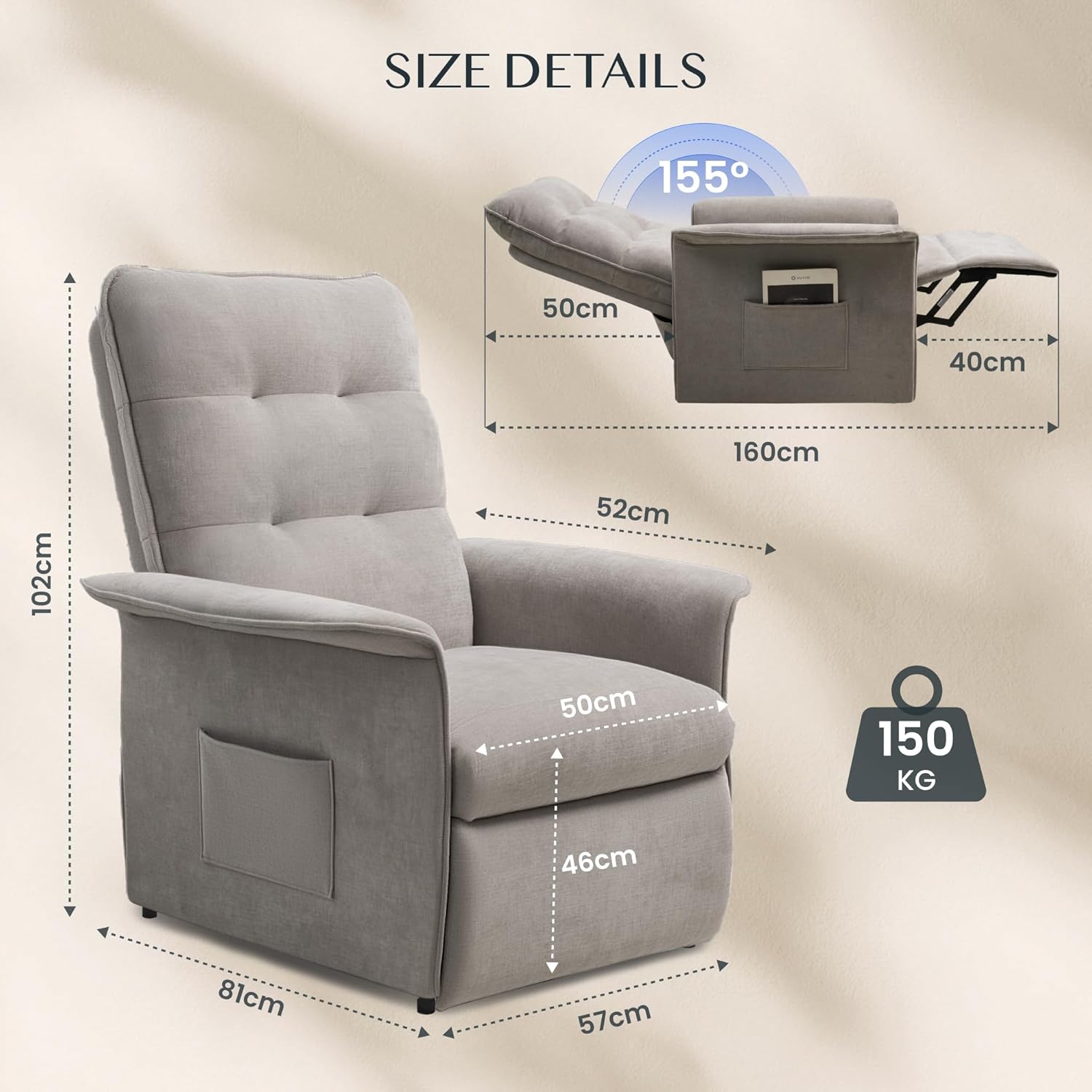 Detalle de FLEXISPOT Poltrona Relax Elettrica con Schienale Regolabile – Poltrona TV Regolabile con Funzione Recliner, Grigio Chiaro