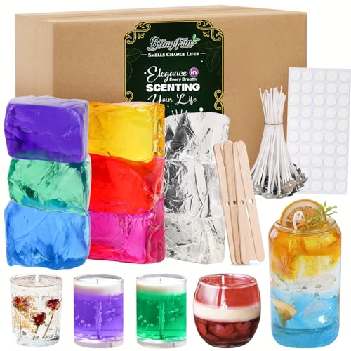 Detalle de Blingfun Gel-Wachs-Set für DIY-Kerzen: 7 Farben, 9 Gel-Wachs-Stücke, langsames Brennen (130°C) inkl. Dochte und Halter