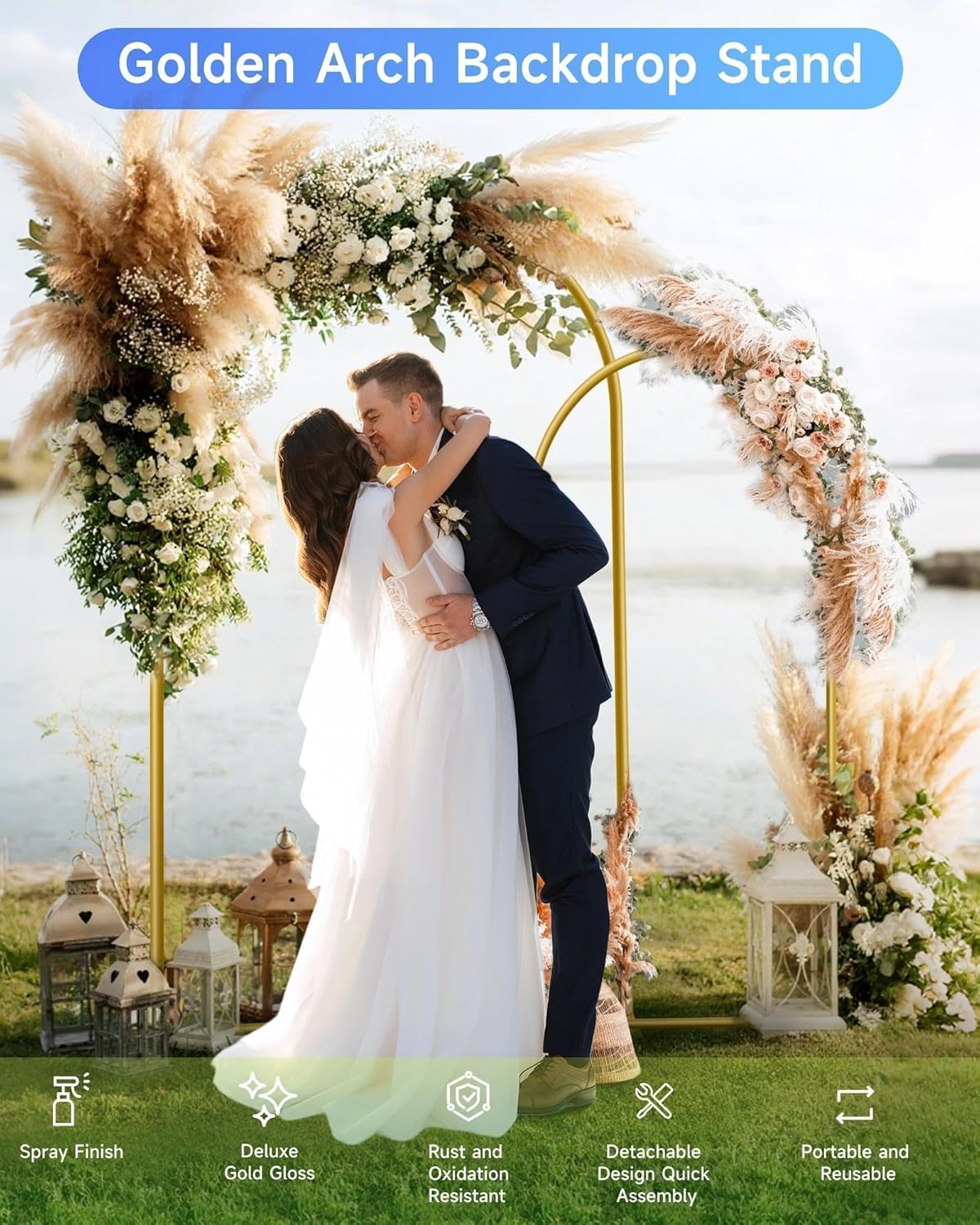 Thumbnail 6 de HEMMOTOP Metal Arch Backdrop Stand Set of 2 (7.2ft + 6ft) in Gold