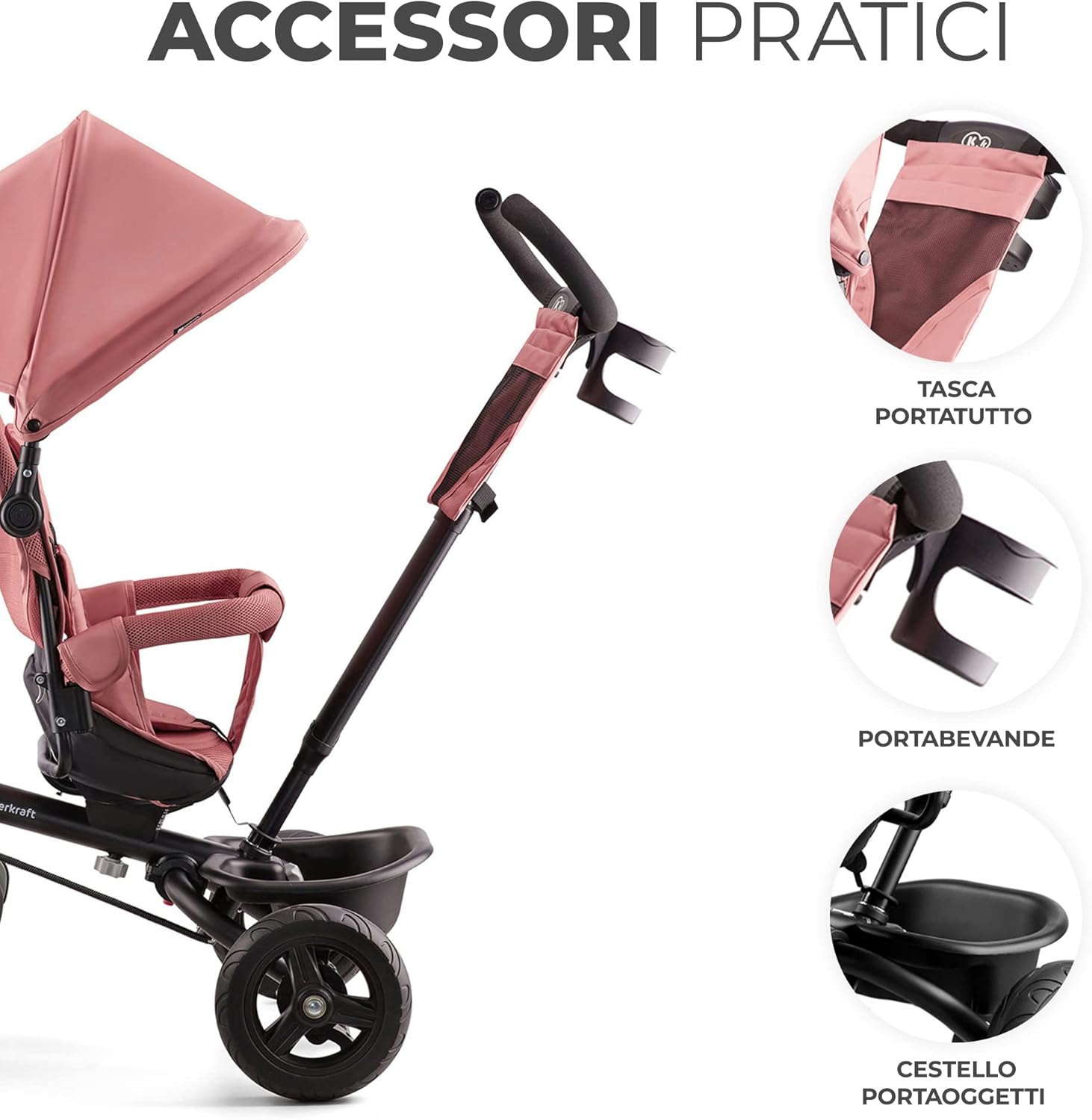 Detalle de Kinderkraft AVEO Triciclo per bambini 9 mesi – 25 kg, maniglione regolabile, pieghevole, sedile girevole fronte mamma e strada, rosa