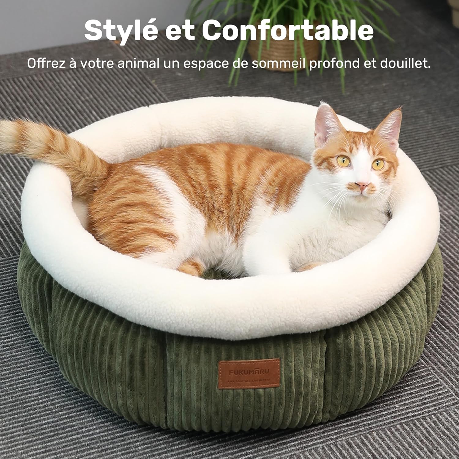 Thumbnail 1 de FUKUMARU Lit pour Chat rond en cordon d’intérieur, lit lavable doux et confortable (vert)
