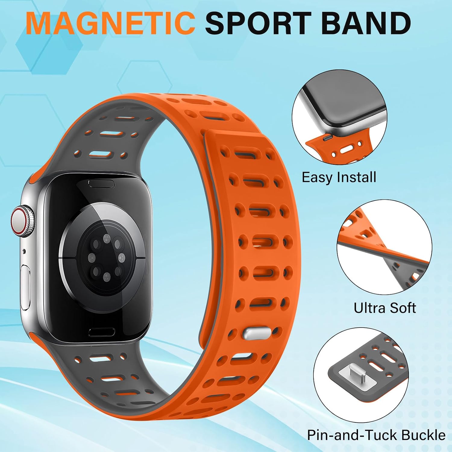 Detalle de Sixmoat Magnetic Strap for Apple Watch (42mm/41mm/40mm/38mm) – breathable silicone sport band with button & tuck closure (Orange-Gray)