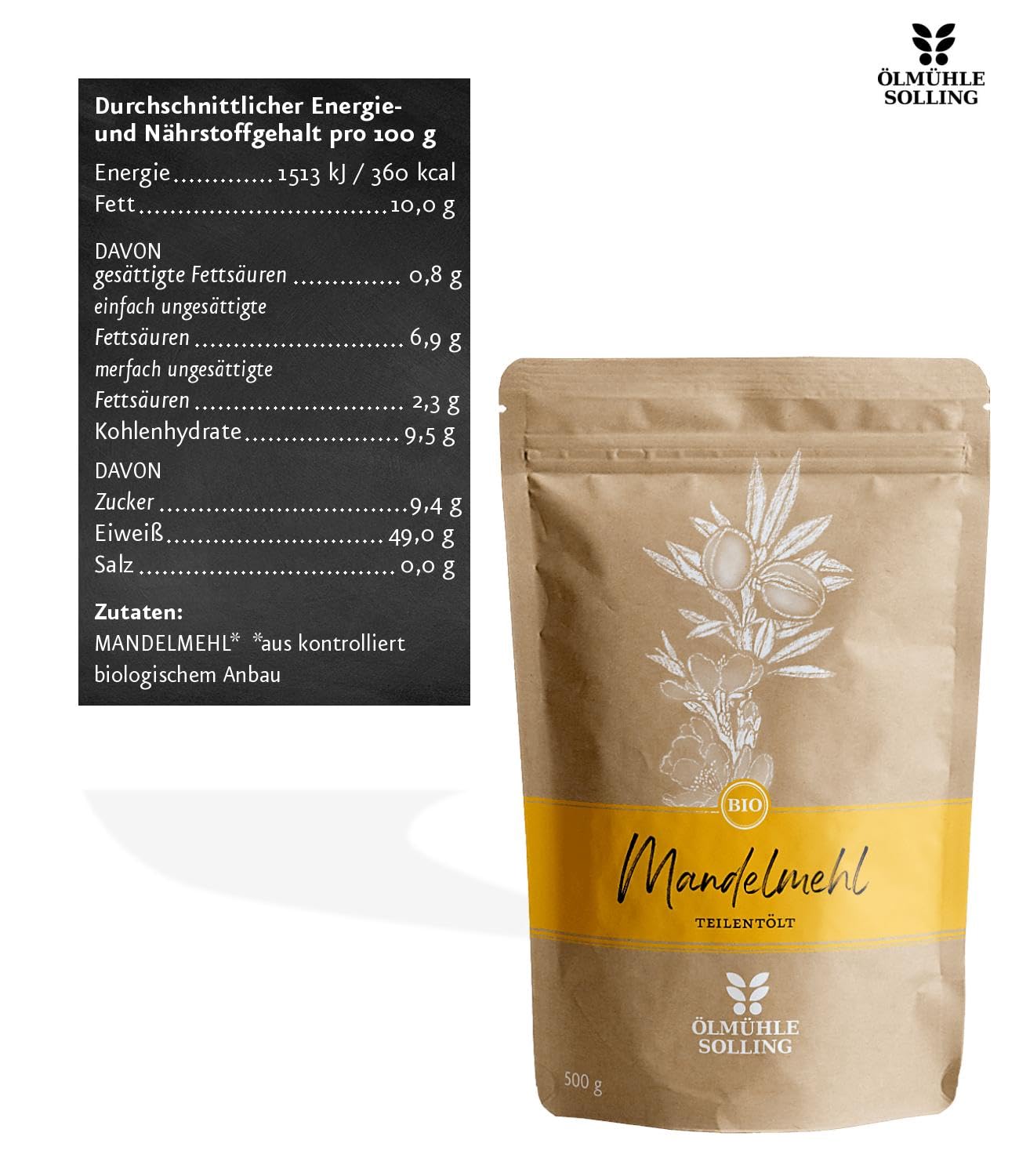 Detalle 2 de ÖLMÜHLE SOLLING BIO Mandelmehl – Vermahlenes Mehl aus teilentölten Bio-Mandeln (500 g)