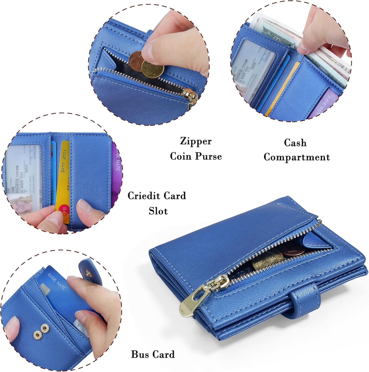 Detalle de conisy Small Purses for Women with RFID Blocking – Shiny Blue Leather Bifold Wallet