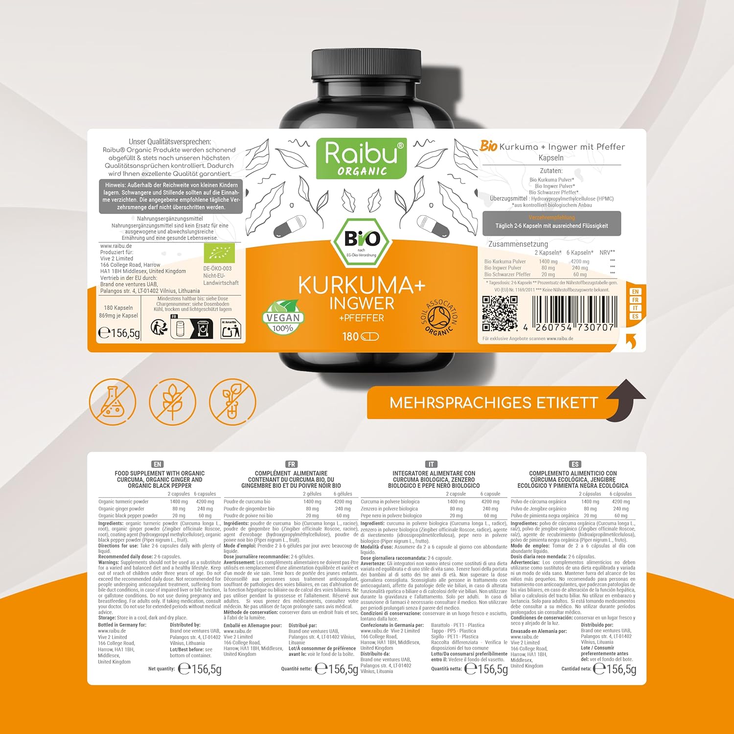 Detalle de Raibu BIO Kurkuma mit Ingwer Kapseln – Hochdosierter Bio-Komplex, 180 Kapseln, vegan, deutsch produziert