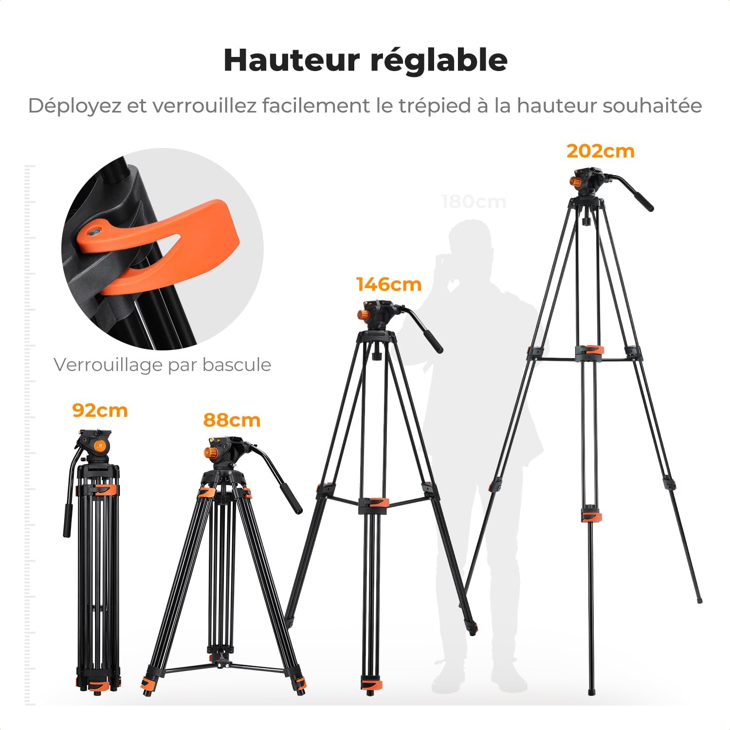 Detalle 2 de K&F CONCEPT Trépied Vidéo 202 cm avec tête fluide et charge max 8 kg