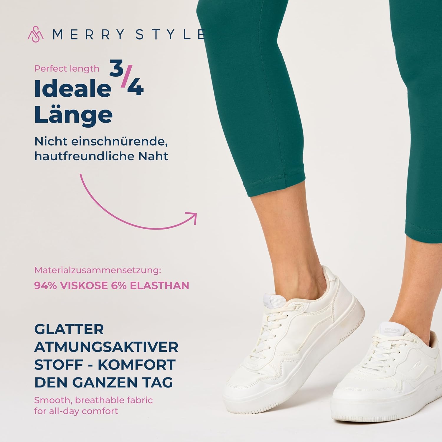 Detalle de Merry Style Damen 3/4 Leggings aus Baumwolle mit Stretch – Capri-Leggings, High Waist, atmungsaktiv