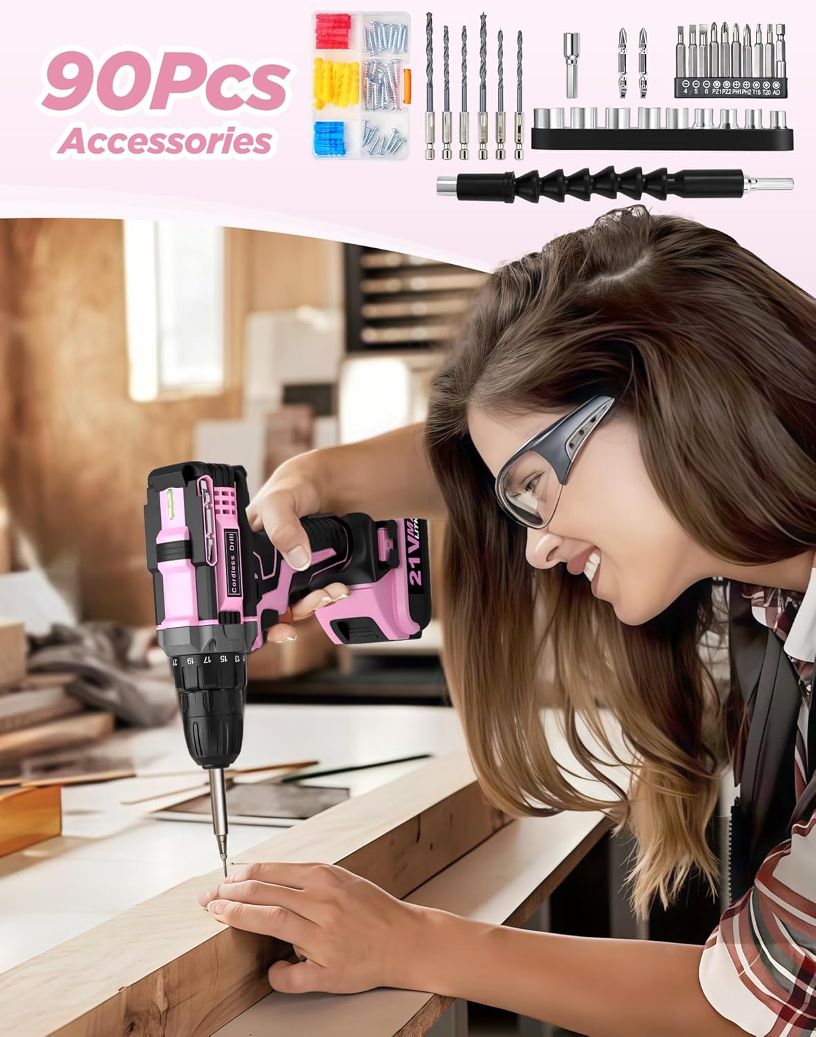 Detalle 2 de Pink Cordless Drill Set 21V with 2 Batteries – 90 Accessory Kit