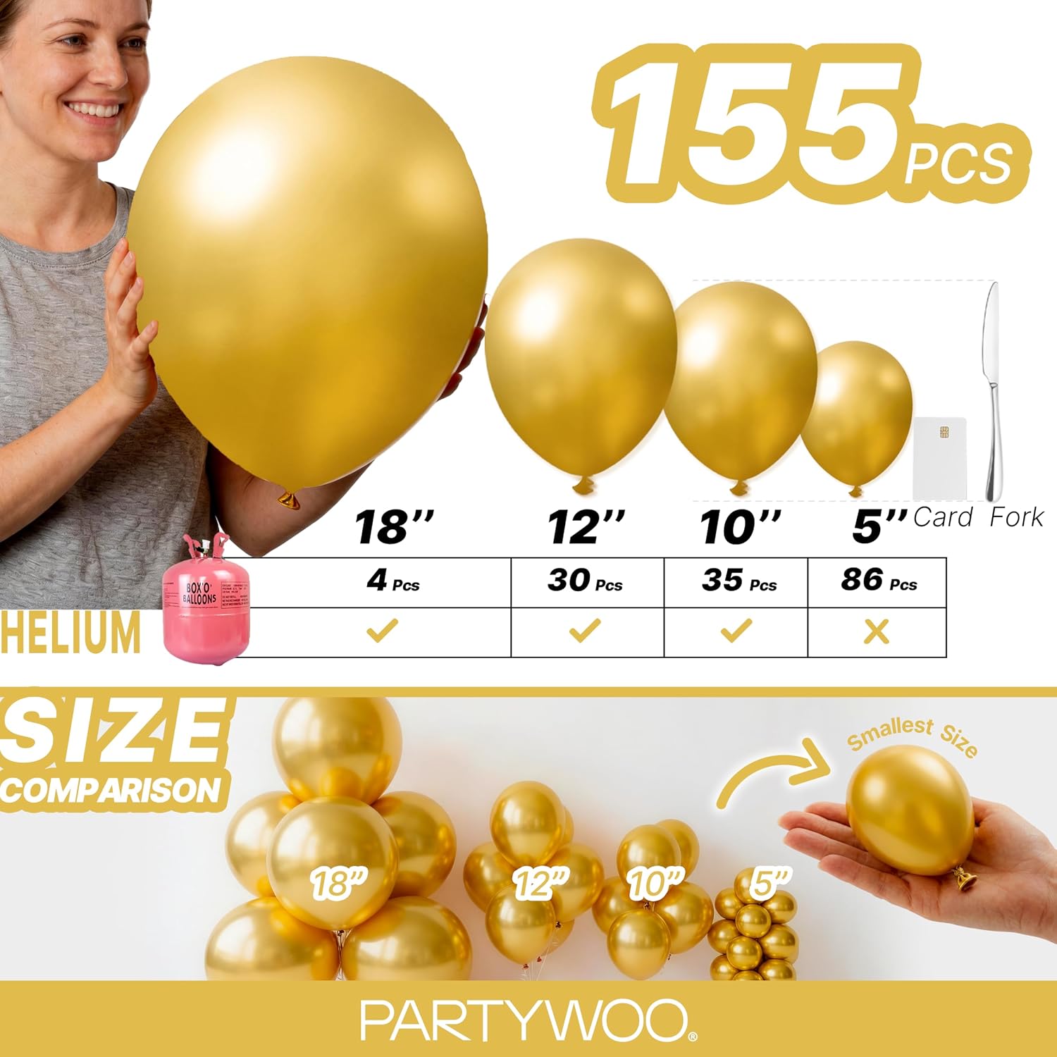 Thumbnail 5 de PartyWoo Gold-G101 Metallic Gold Balloons, 155-Piece Set in Four Sizes