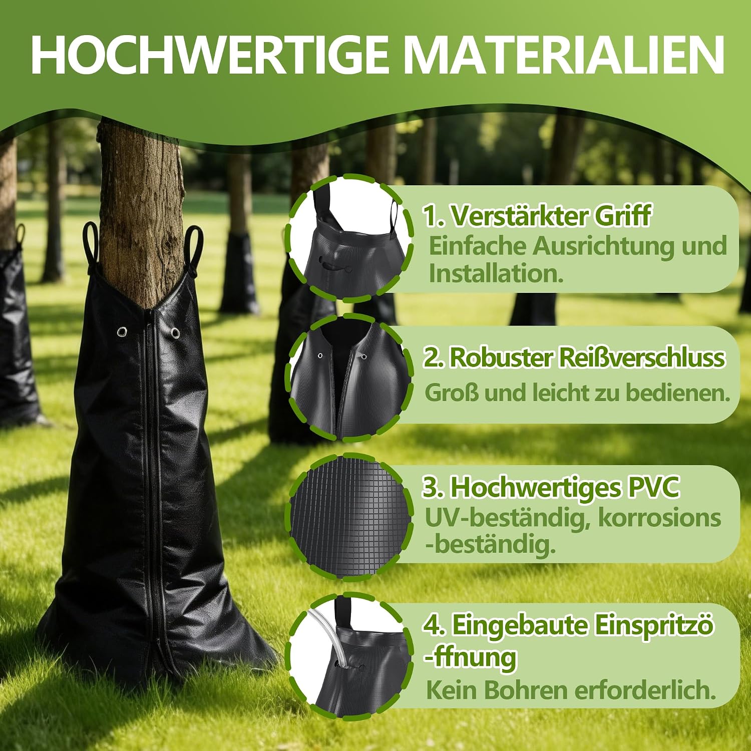 Detalle de UISEBRT 75 L Tree Watering Bags, UV-Resistant PVC, Zip Closure, Set of 5