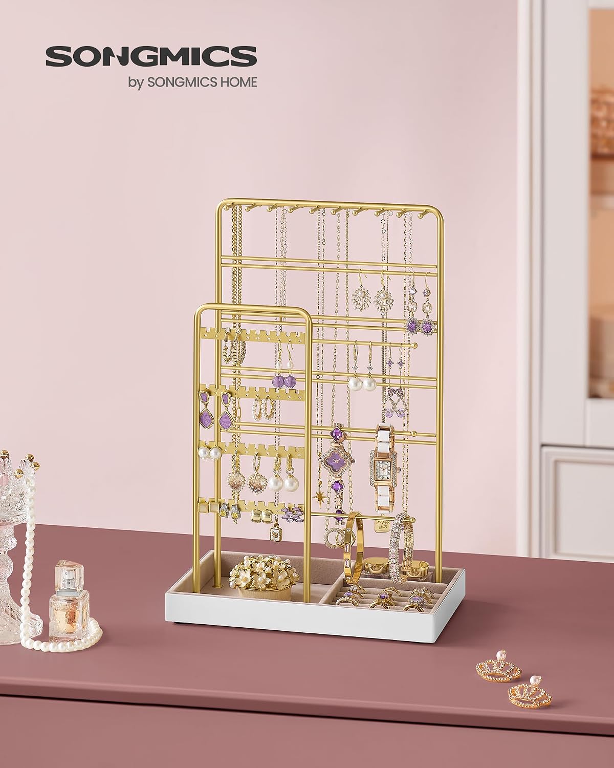 Detalle de SONGMICS Porte-bijoux JJS028A01: Organisateur élégant en métal avec velours pour colliers, bracelets, boucles d’oreilles et bagues