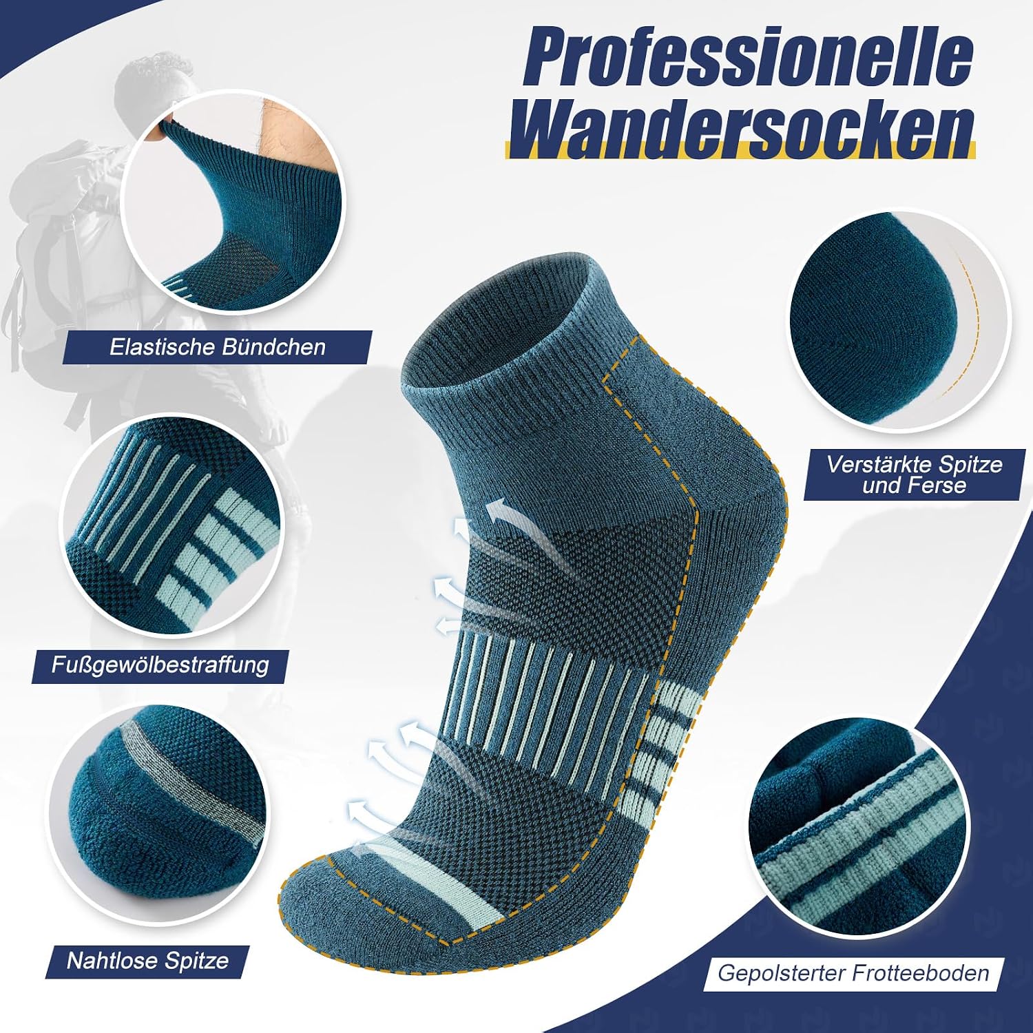 Detalle de Niofind Merino Wandersocken Damen & Herren – Gepolstert, atmungsaktiv, 6 Paar