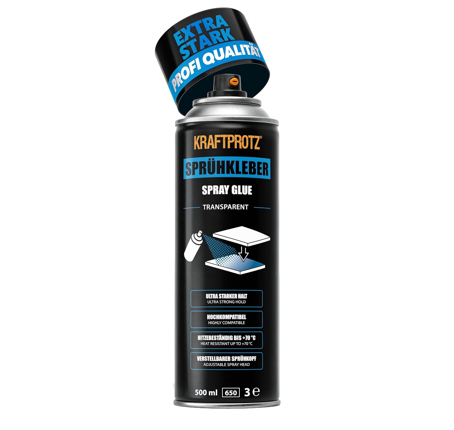 KRAFTPROTZ Sprühkleber extra stark 500 ml – transparent, hitzebeständig bis +70 °C