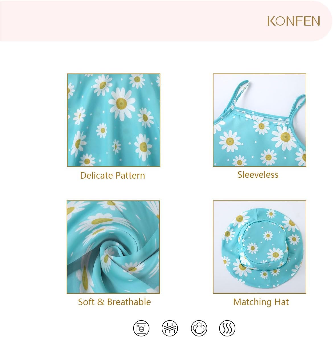 Thumbnail 4 de KONFEN Baby Girl Dress Set with Daisy Hat — Sleeveless Floral Dress for 0-3 Years (Green/Pink)