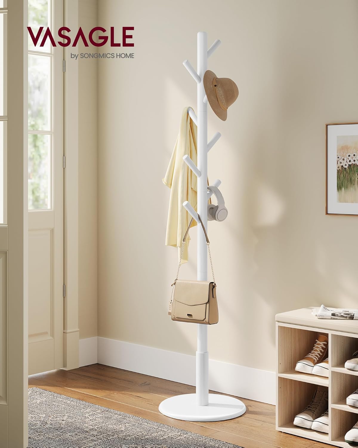 Detalle de VASAGLE Portemanteau en bois Hévéa – Portant à Vêtements sur pieds, 8 crochets, blanc nuage RCR009WH01