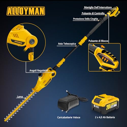Thumbnail 6 de Alloyman Tagliasiepi Telescopico a Batteria 20V MAX con Doppia Batteria, Lama da 40 cm e Asta Estensibile 2,4 m