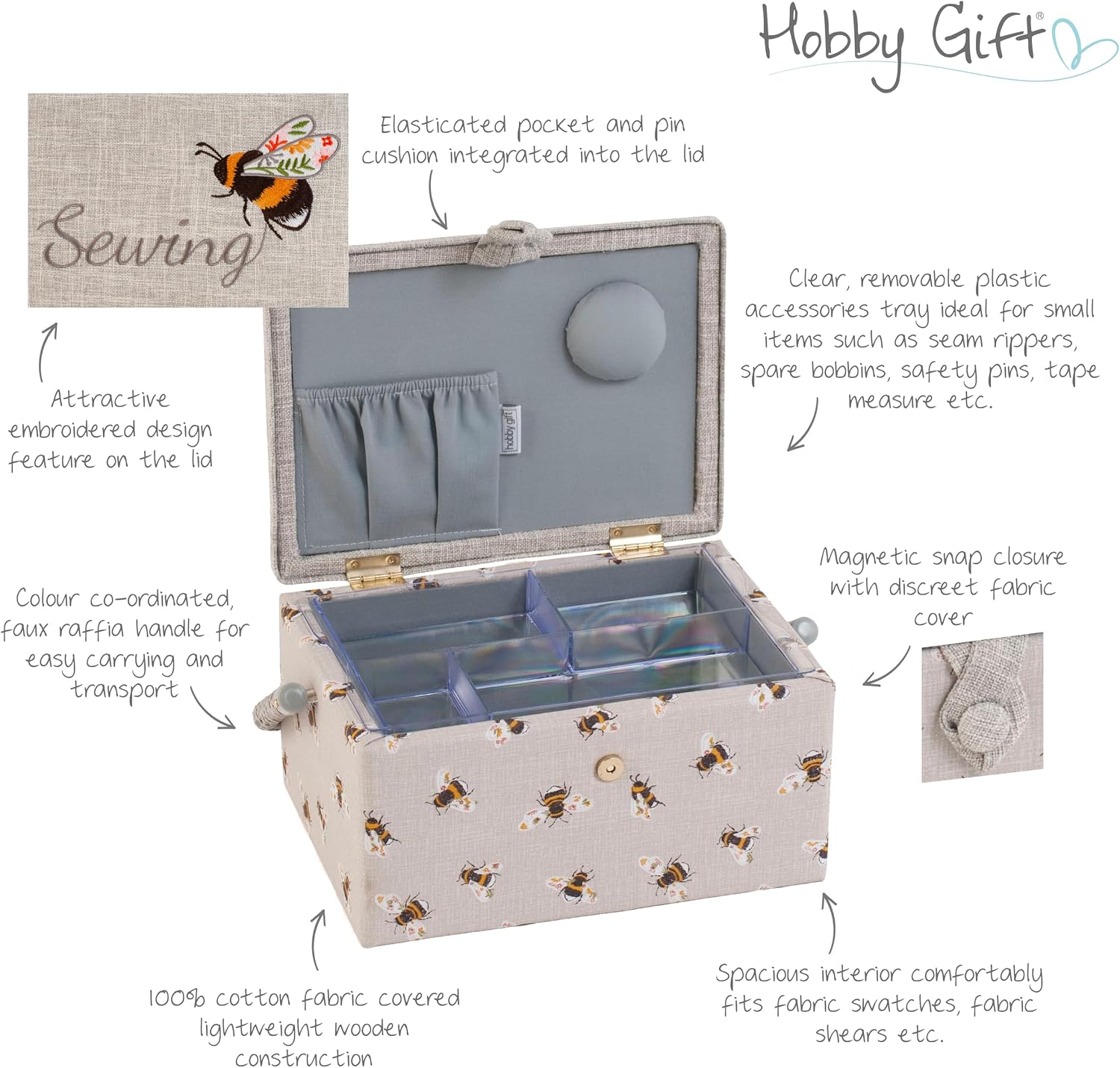 Detalle 2 de Hobby Gift średnie drewniane pudełko do szycia z haftowaną pszczołą i tacką