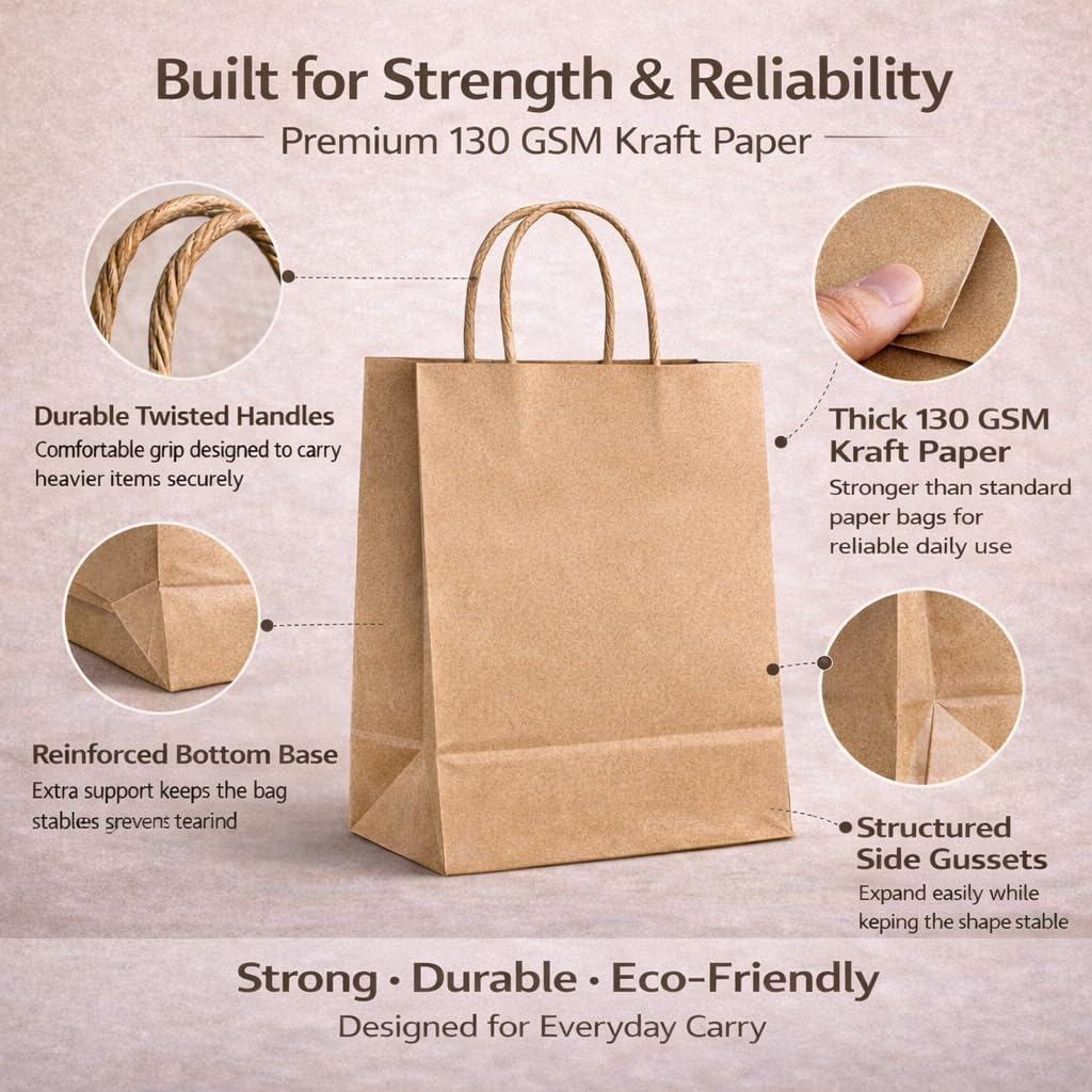 Thumbnail 1 de HURUC 100 pcs Brown Paper Bags with Handles (130GSM kraft), small gift carrier bags for parties & everyday use (18x24x8cm)