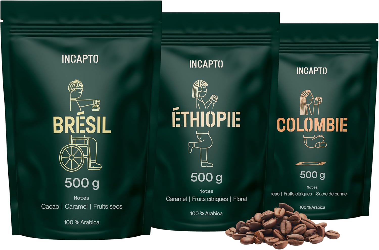 Detalle de Incapto Pack de Cafés Meilleures Ventes – Café en grains nature de spécialité, Origines Colombie, Brésil et Éthiopie, 3 x 500 g