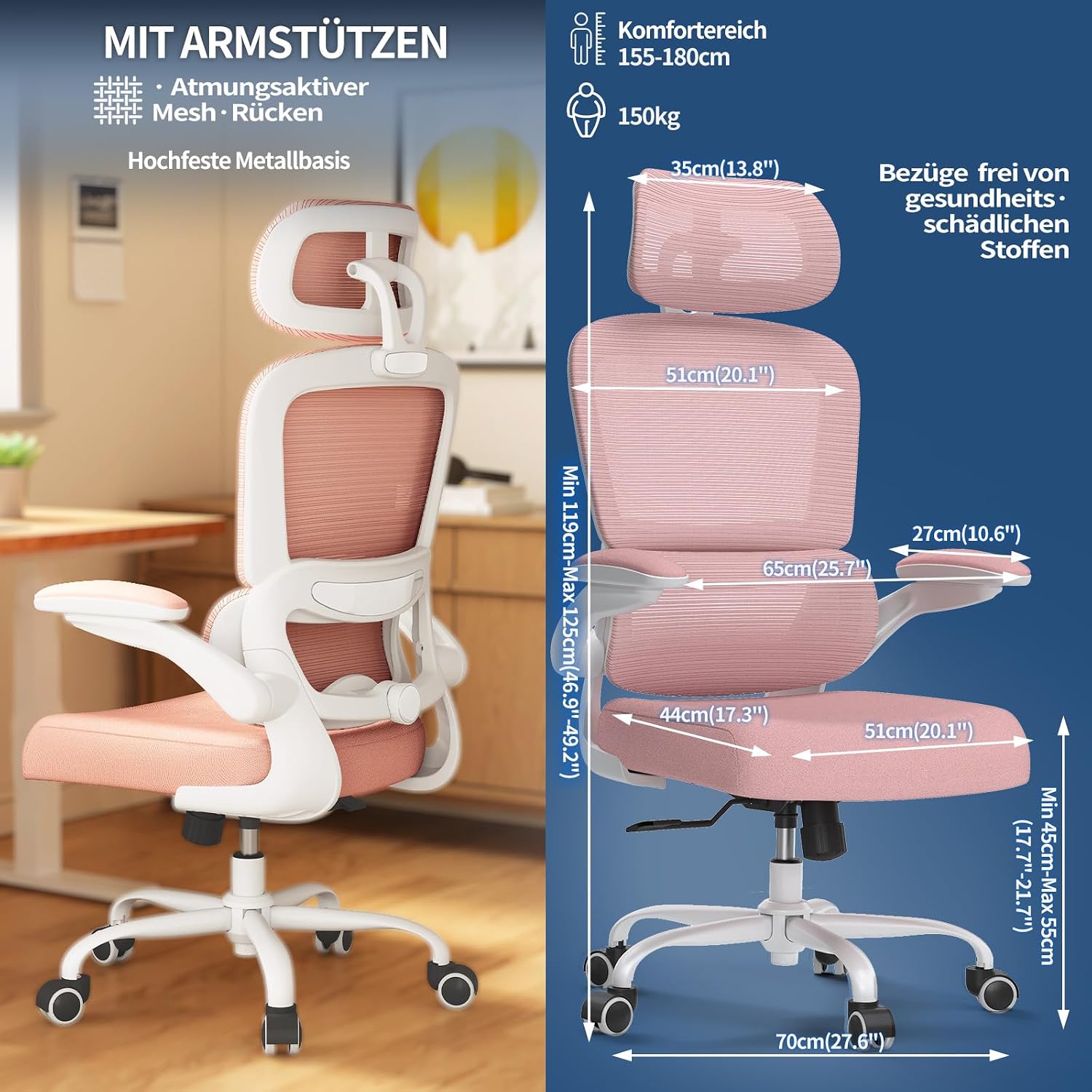 Detalle 2 de TRALT Bürostuhl ergonomisch mit verstellbarer Lordosenstütze, Kopfstütze und 150 kg Tragkraft – rosa