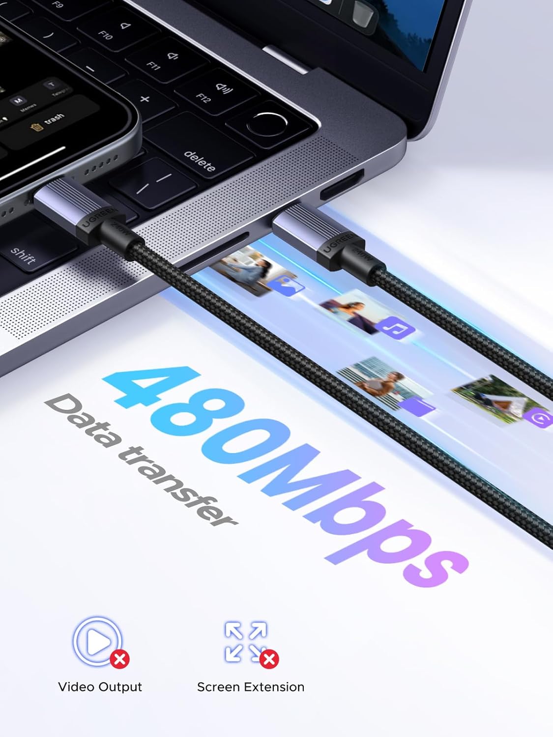 Thumbnail 2 de UGREEN 2-Pack 240W USB-C to USB-C Fast Charging Cables (240W PD 3.1) — 6.6 ft, 480Mbps data