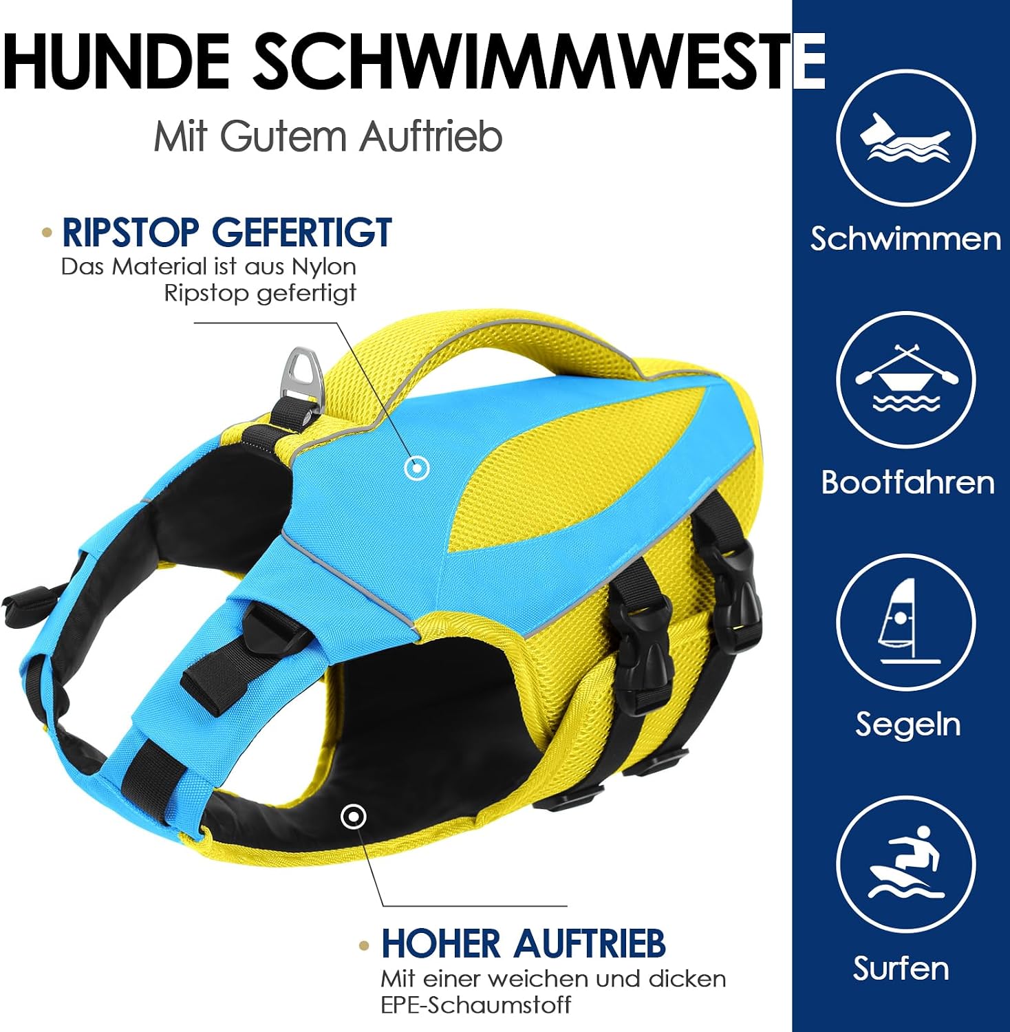 Detalle de AOFITEE Hundeschwimmweste XXL – Hoher Auftrieb, verstellbar, Blau