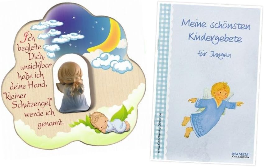 Detalle 2 de MaMeMi Schutzengel auf Wolke mit Gebetsbüchlein – Taufgeschenk für Jungen in Blau (ca. 12 cm)