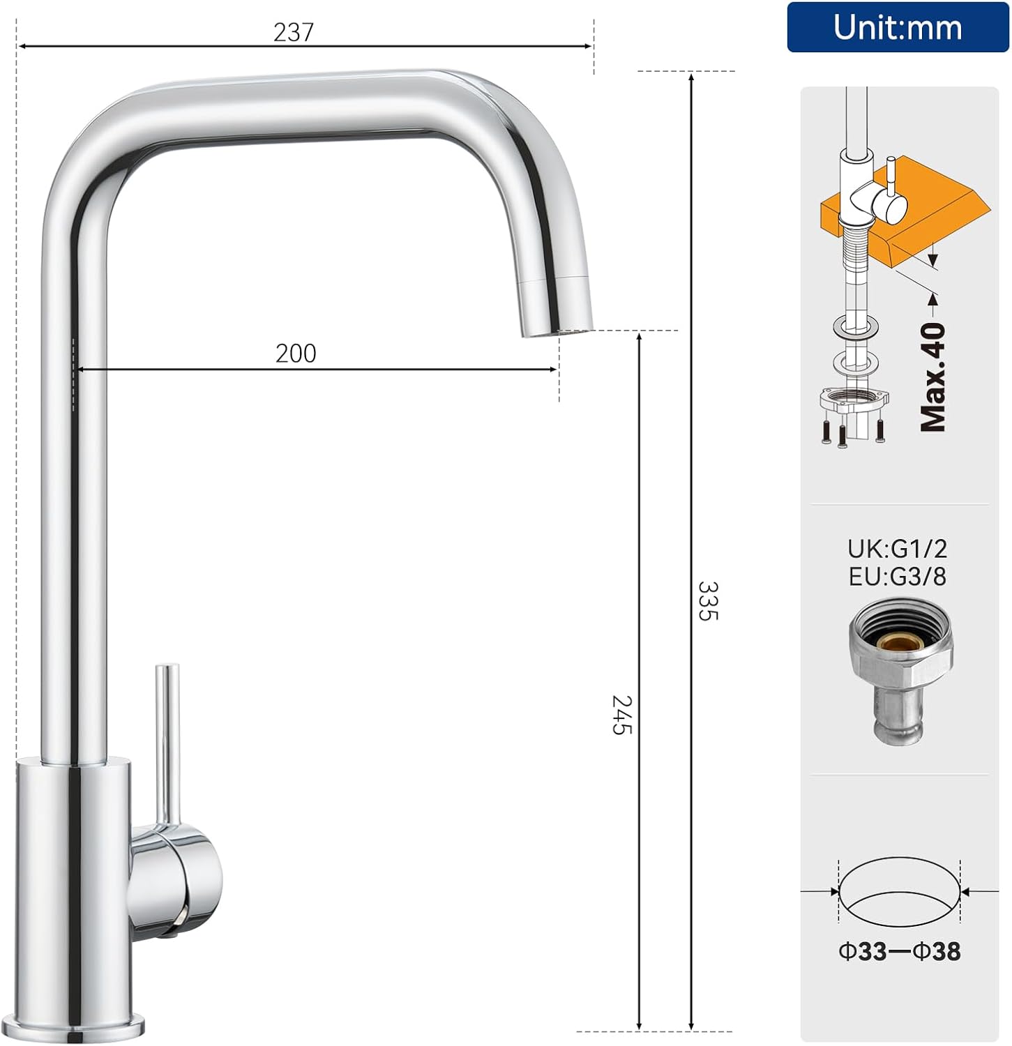 Thumbnail 6 de CECIPA Rubinetto Cucina Cromo – Miscelatore Monocomando Rotazione 360° in Acciaio Inossidabile 304