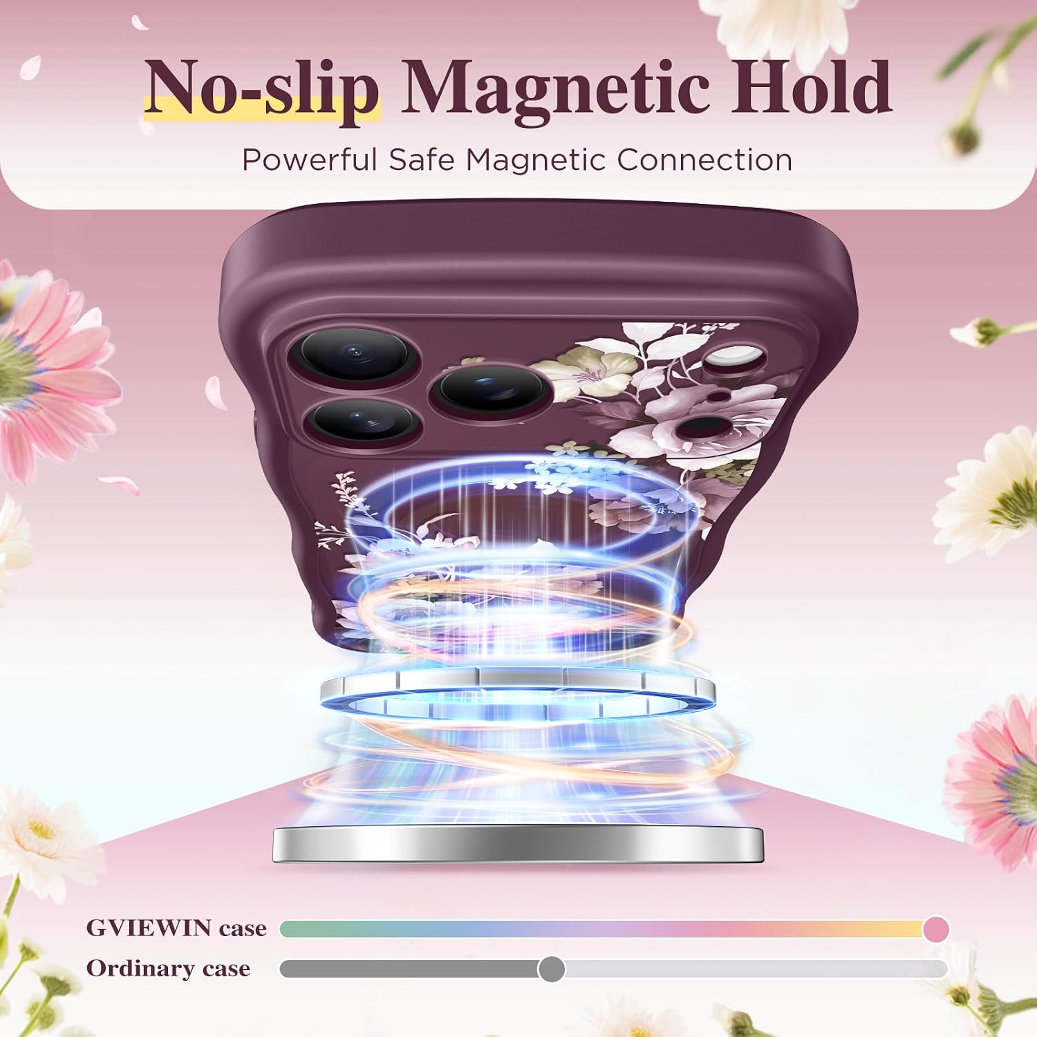 Detalle de GVIEWIN Floral MagSafe Case for iPhone 17 Pro/18 Pro, Cherry Blossoms/Dark Cherry