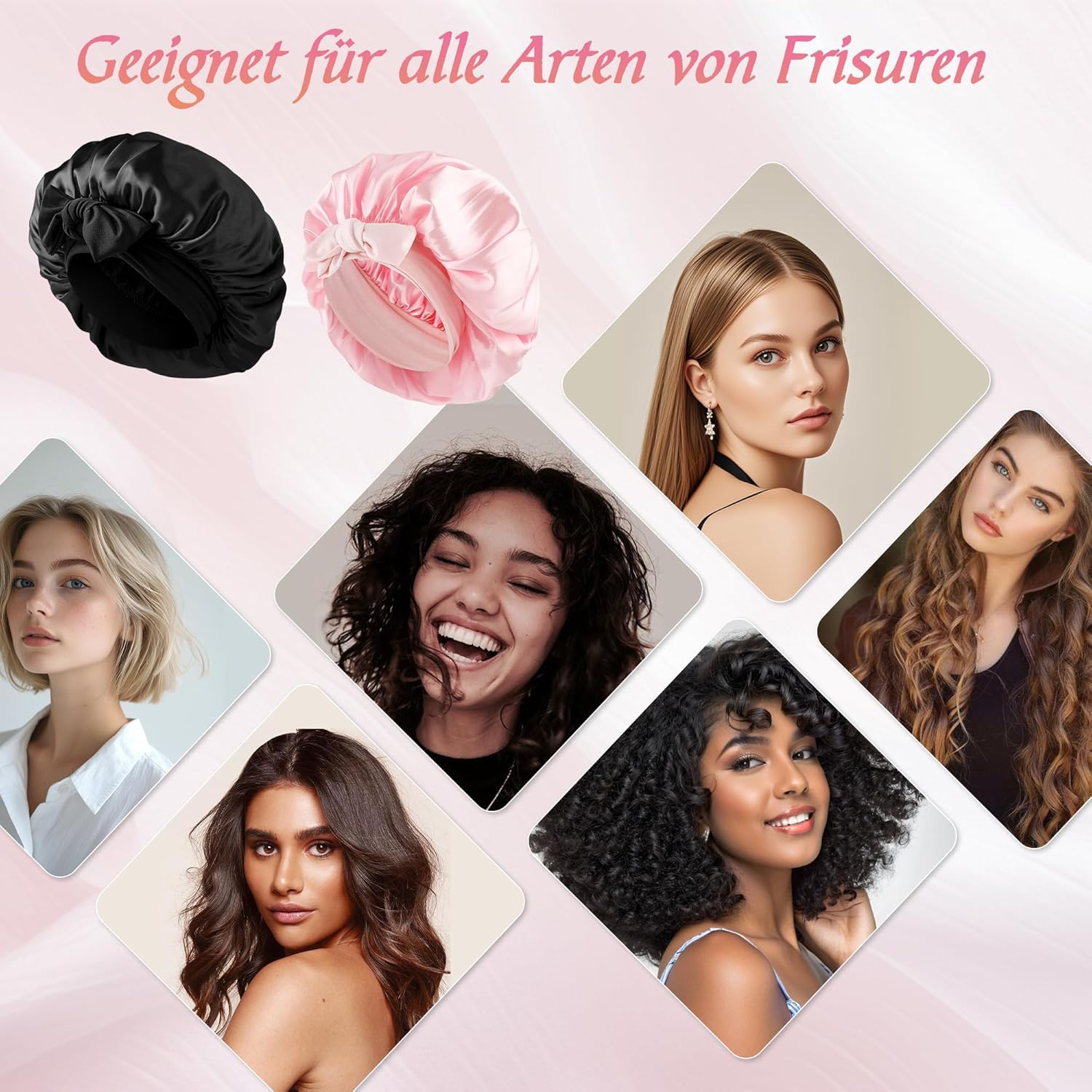 Detalle de 2er Set Seidenhaube zum Schlafen mit Haargummis – verstellbare Satin Schlafmütze, Schutz für Haare über Nacht