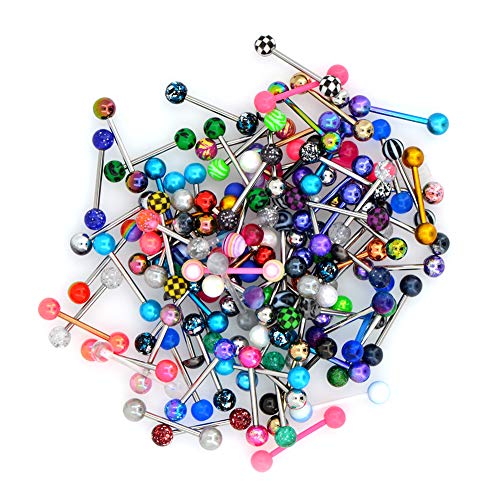 Detalle de OUFER 100er Set Tongue Rings 14G – 316L Edelstahl, bunte Acrylkugeln, zufällige Farben