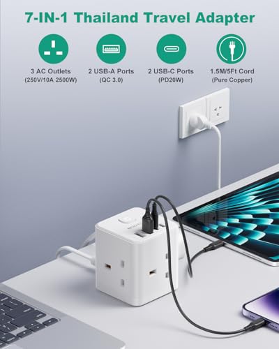 Detalle 2 de ROOTOMA Thailand Travel Adapter 3 Way 4 USB Fast Charging (QC3.0/PD20W) – 7-in-1 UK to Thailand